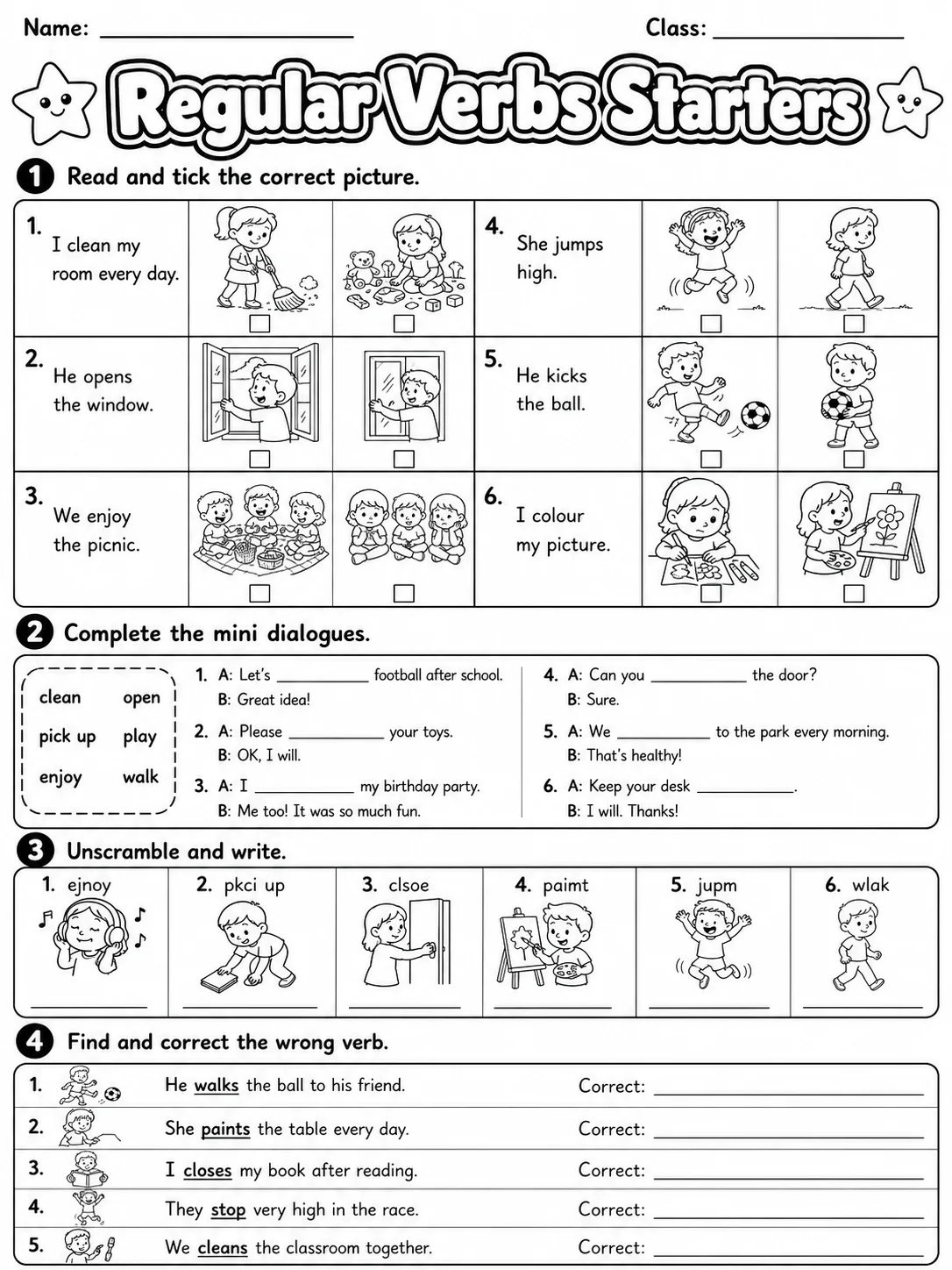 Regular Verbs Starters Vocabulary Worksheet Pack page 7 printable worksheet preview