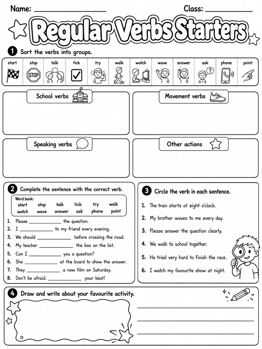 Regular Verbs Starters Vocabulary Worksheet Pack page 8 printable worksheet preview