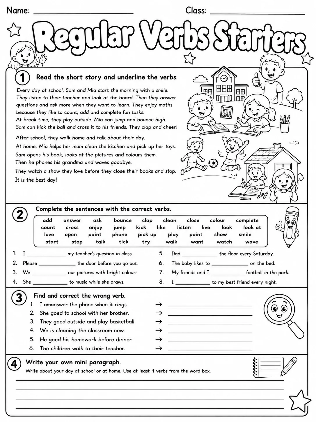 Regular Verbs Starters Vocabulary Worksheet Pack page 10 printable worksheet preview