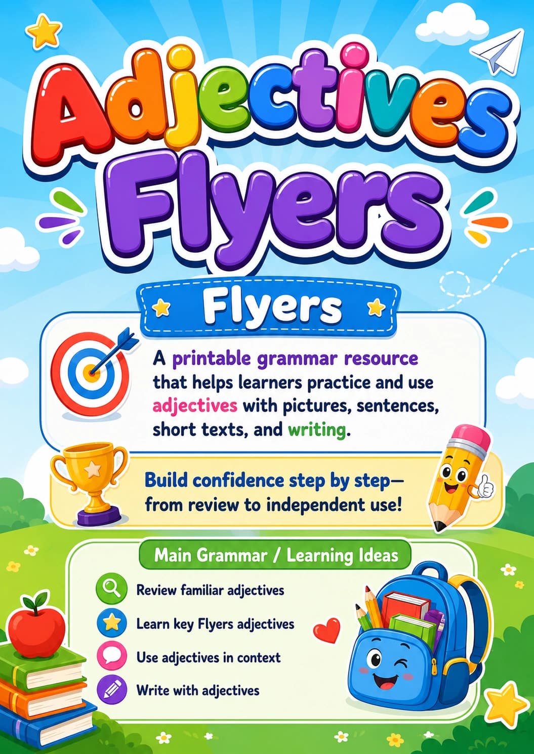 Adjectives Flyers Grammar Worksheet Pack page 2 printable worksheet preview