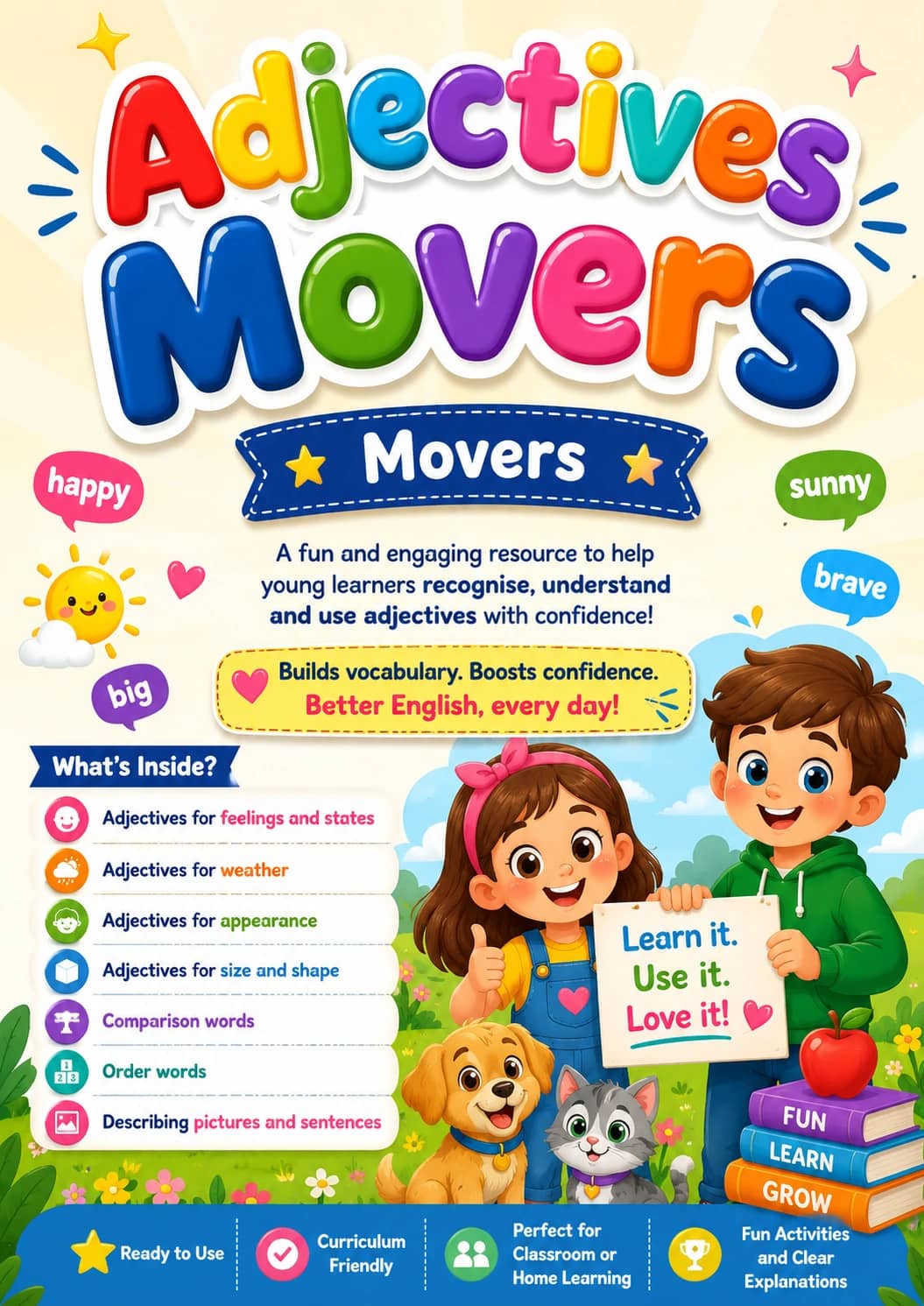 Adjectives Movers Grammar Worksheet Pack printable Movers English grammar worksheet pack preview from KiwiBee