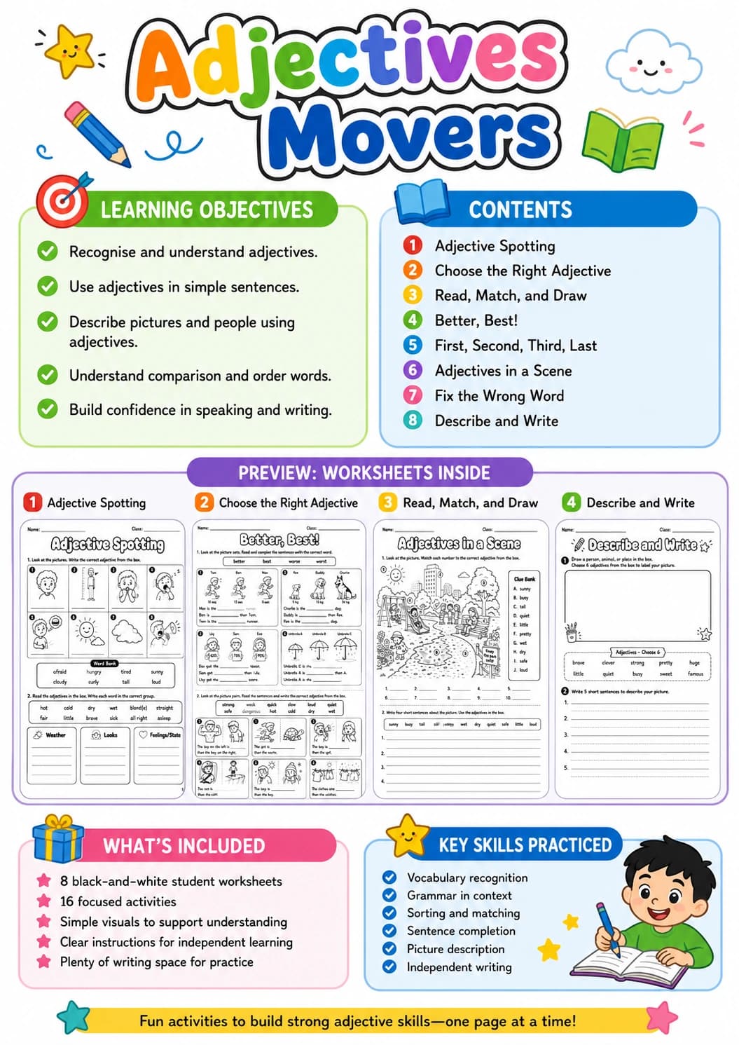 Adjectives Movers Grammar Worksheet Pack page 2 printable worksheet preview