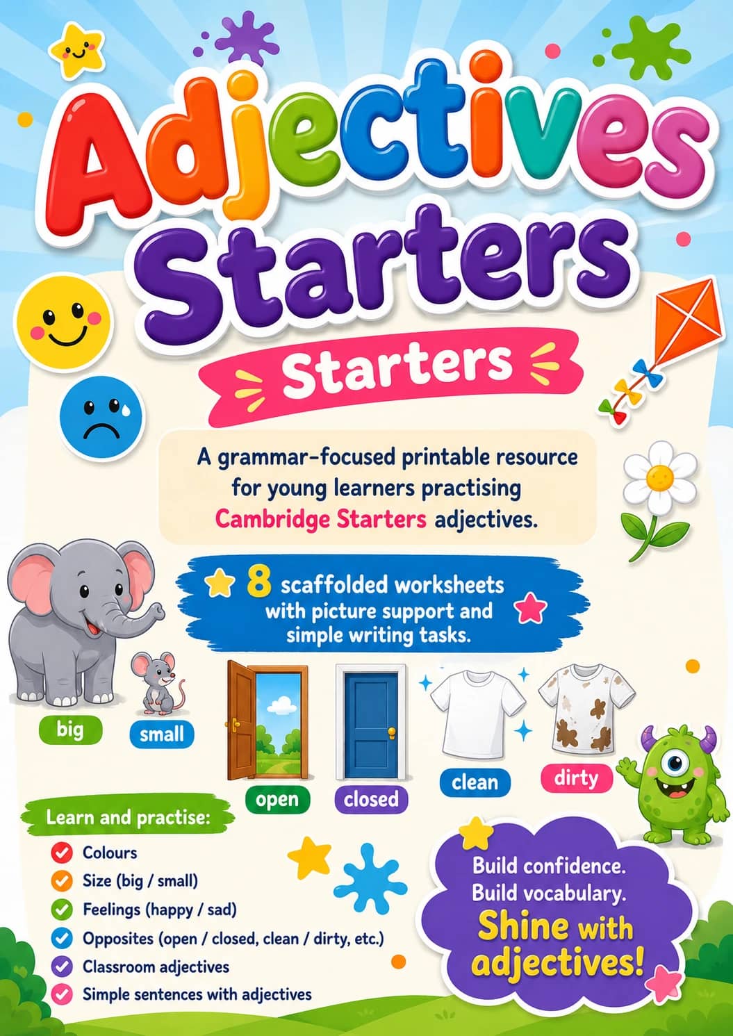 Adjectives Starters Grammar Worksheet Pack printable Starters English grammar worksheet pack preview from KiwiBee