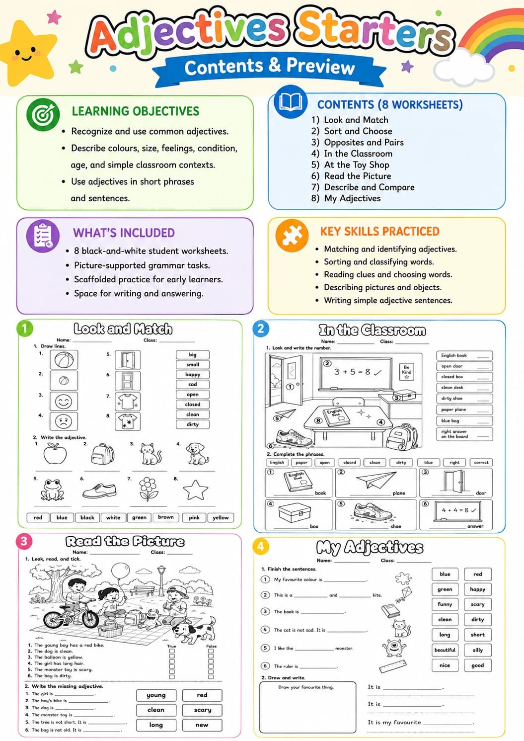 Adjectives Starters Grammar Worksheet Pack page 2 printable worksheet preview
