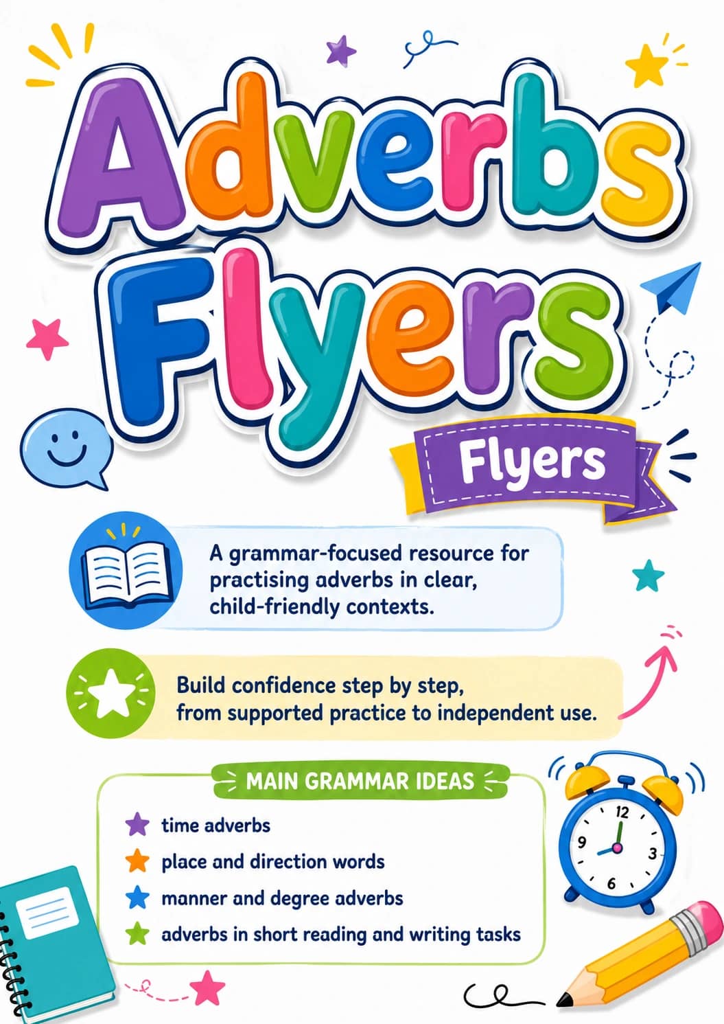 Adverbs Flyers Grammar Worksheet Pack printable Flyers English grammar worksheet pack preview from KiwiBee