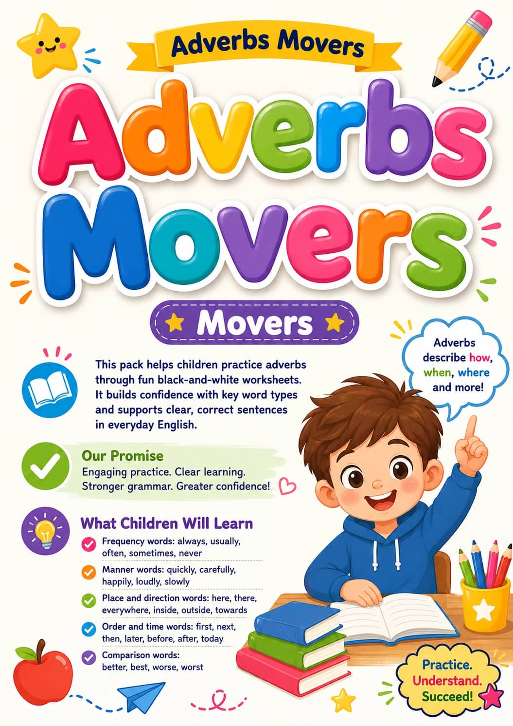 Adverbs Movers Grammar Worksheet Pack printable Movers English grammar worksheet pack preview from KiwiBee