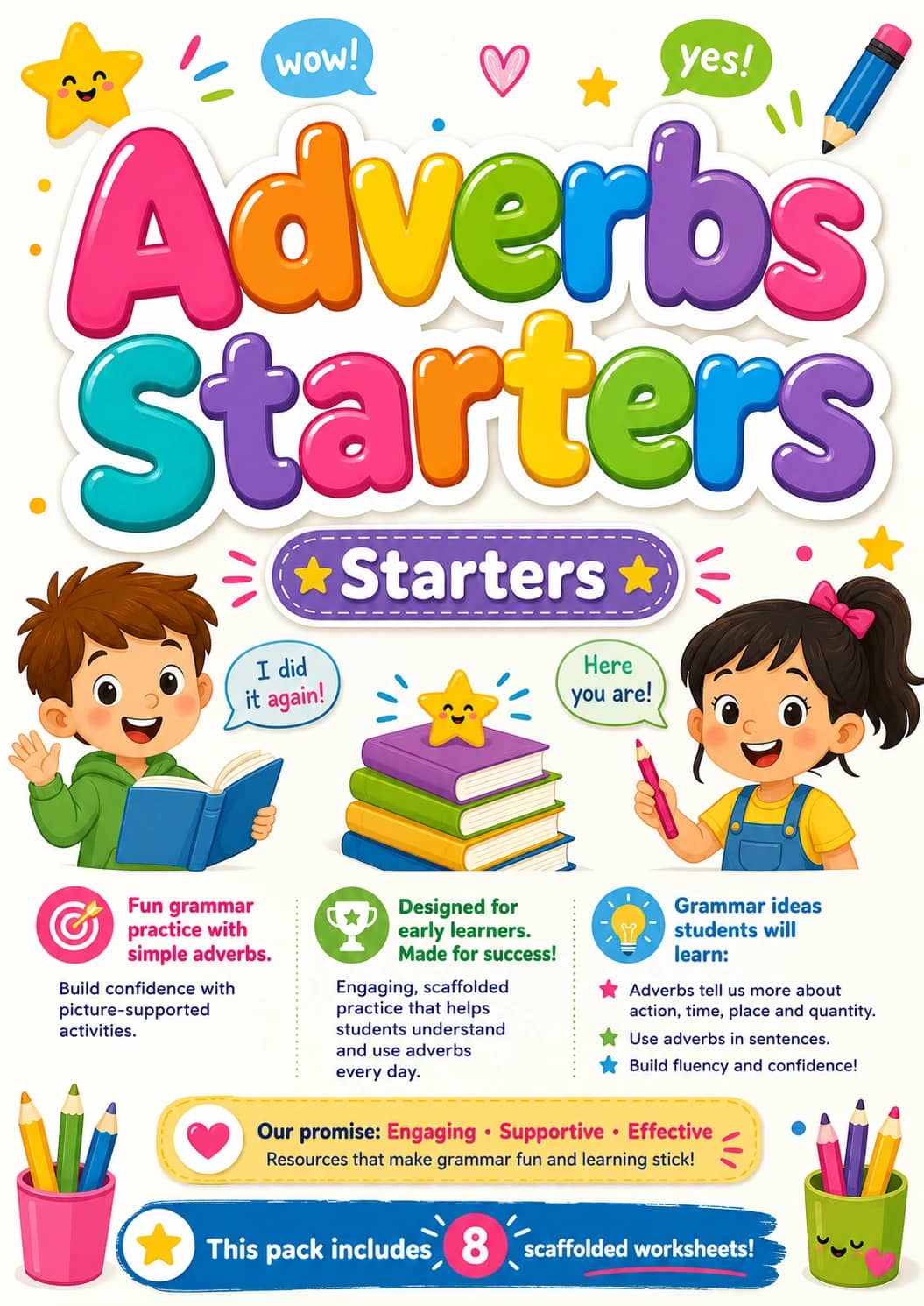 Adverbs Starters Grammar Worksheet Pack printable Starters English grammar worksheet pack preview from KiwiBee