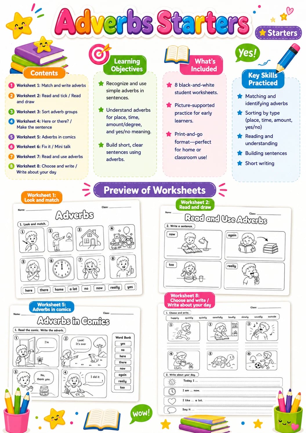 Adverbs Starters Grammar Worksheet Pack page 2 printable worksheet preview