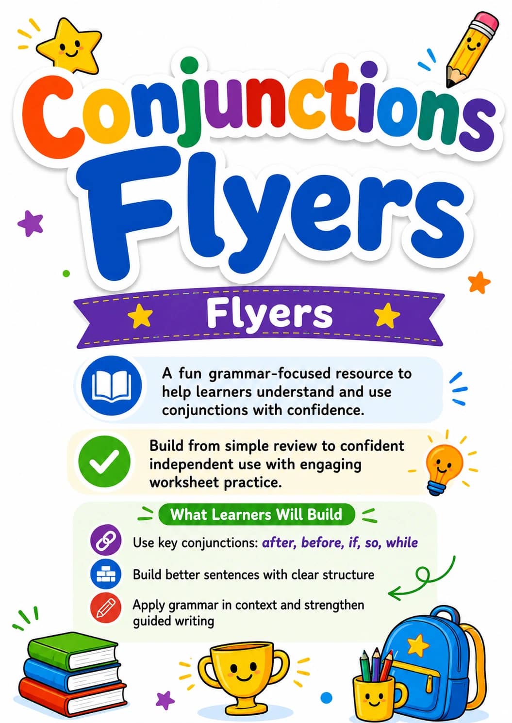 Conjunctions Flyers Grammar Worksheet Pack printable Flyers English grammar worksheet pack preview from KiwiBee
