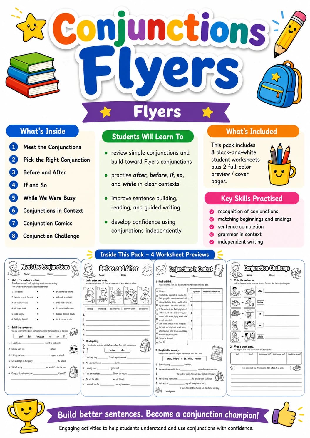 Conjunctions Flyers Grammar Worksheet Pack page 2 printable worksheet preview