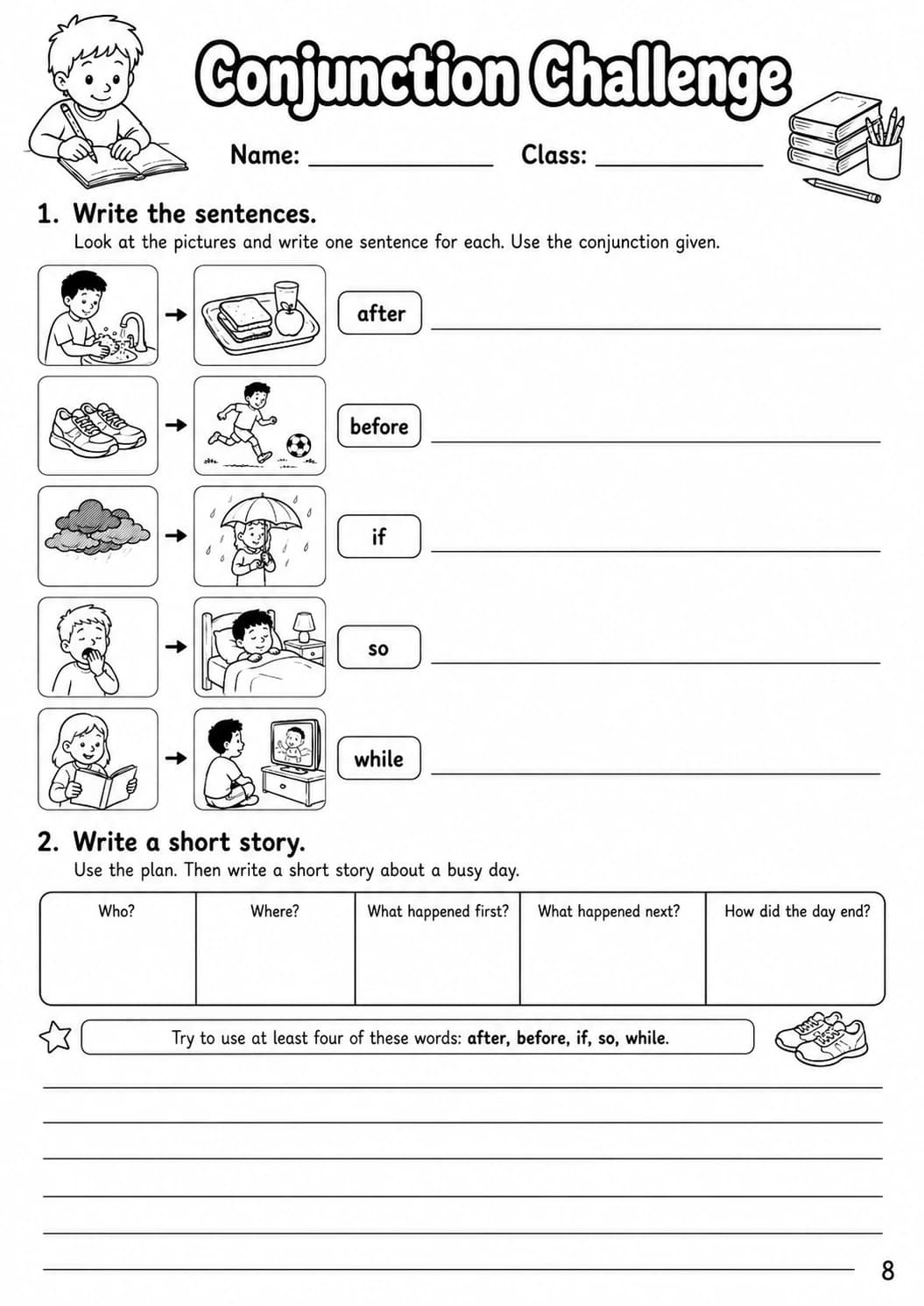 Conjunctions Flyers Grammar Worksheet Pack page 10 printable worksheet preview