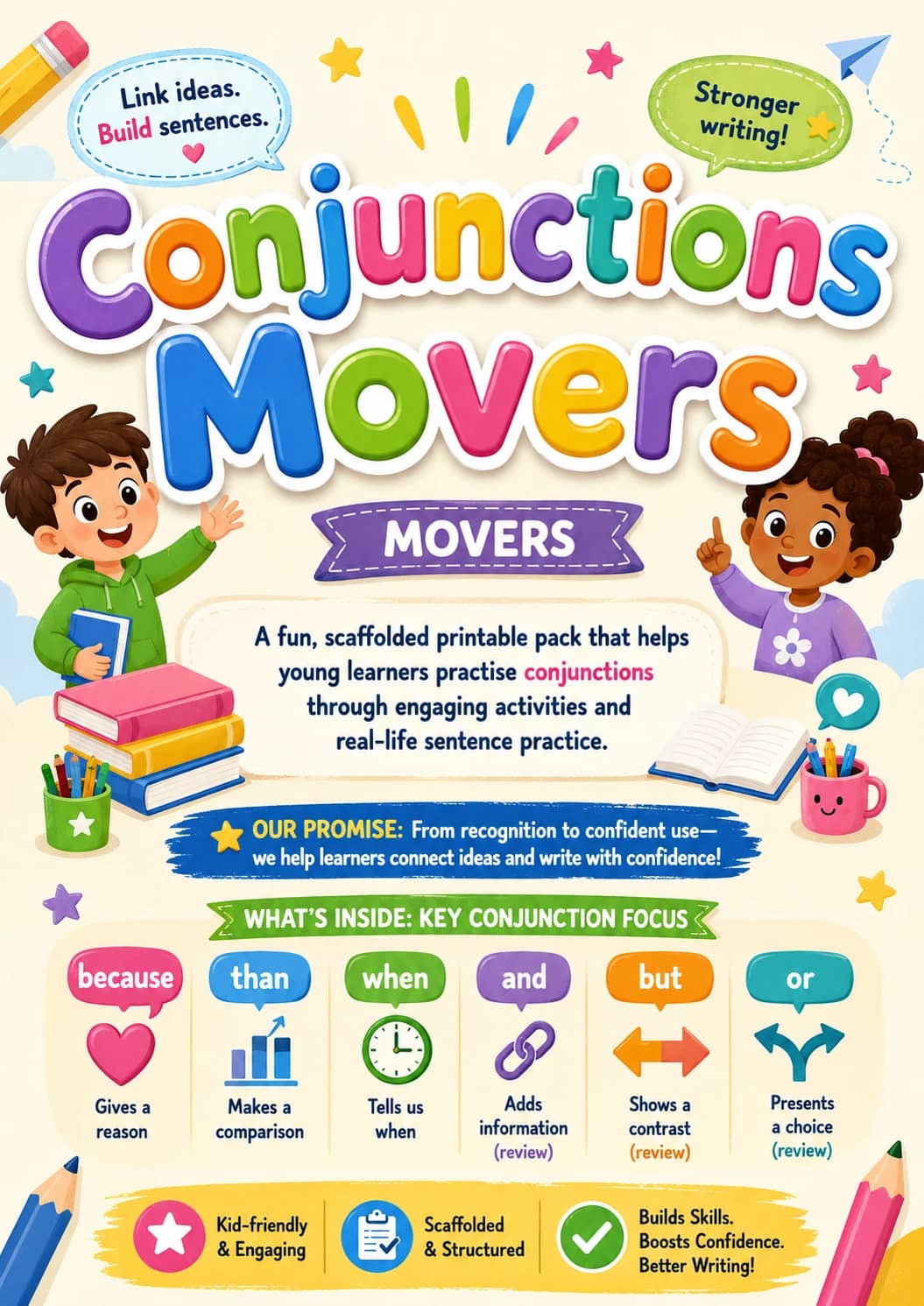 Conjunctions Movers Grammar Worksheet Pack printable Movers English grammar worksheet pack preview from KiwiBee