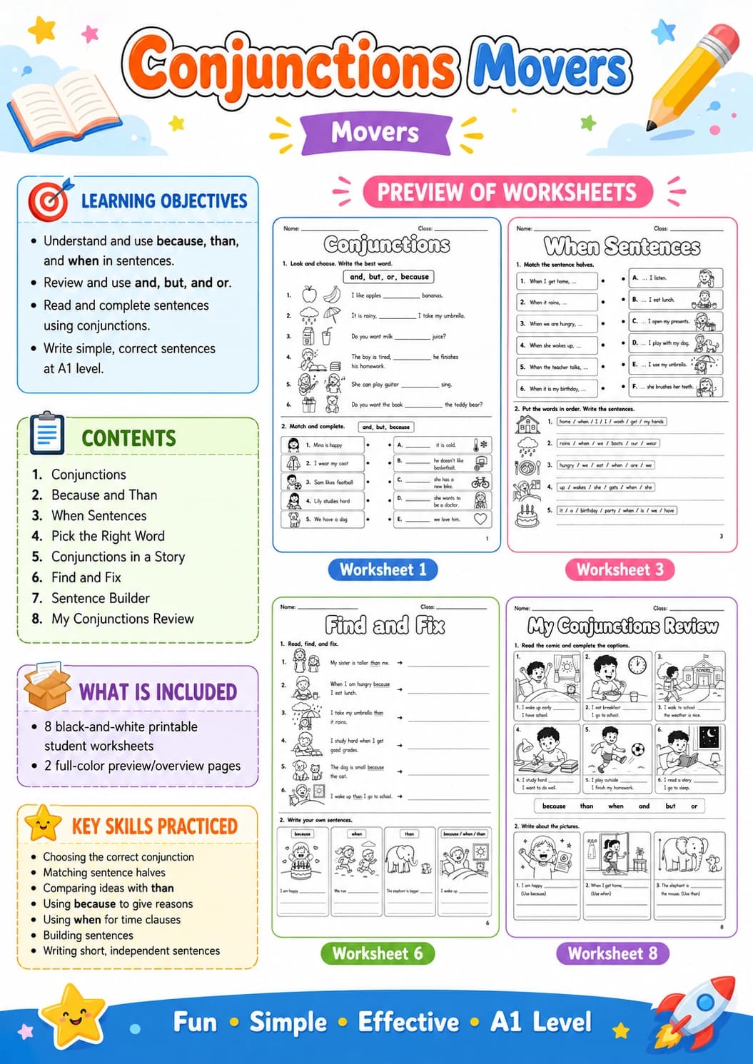 Conjunctions Movers Grammar Worksheet Pack page 2 printable worksheet preview