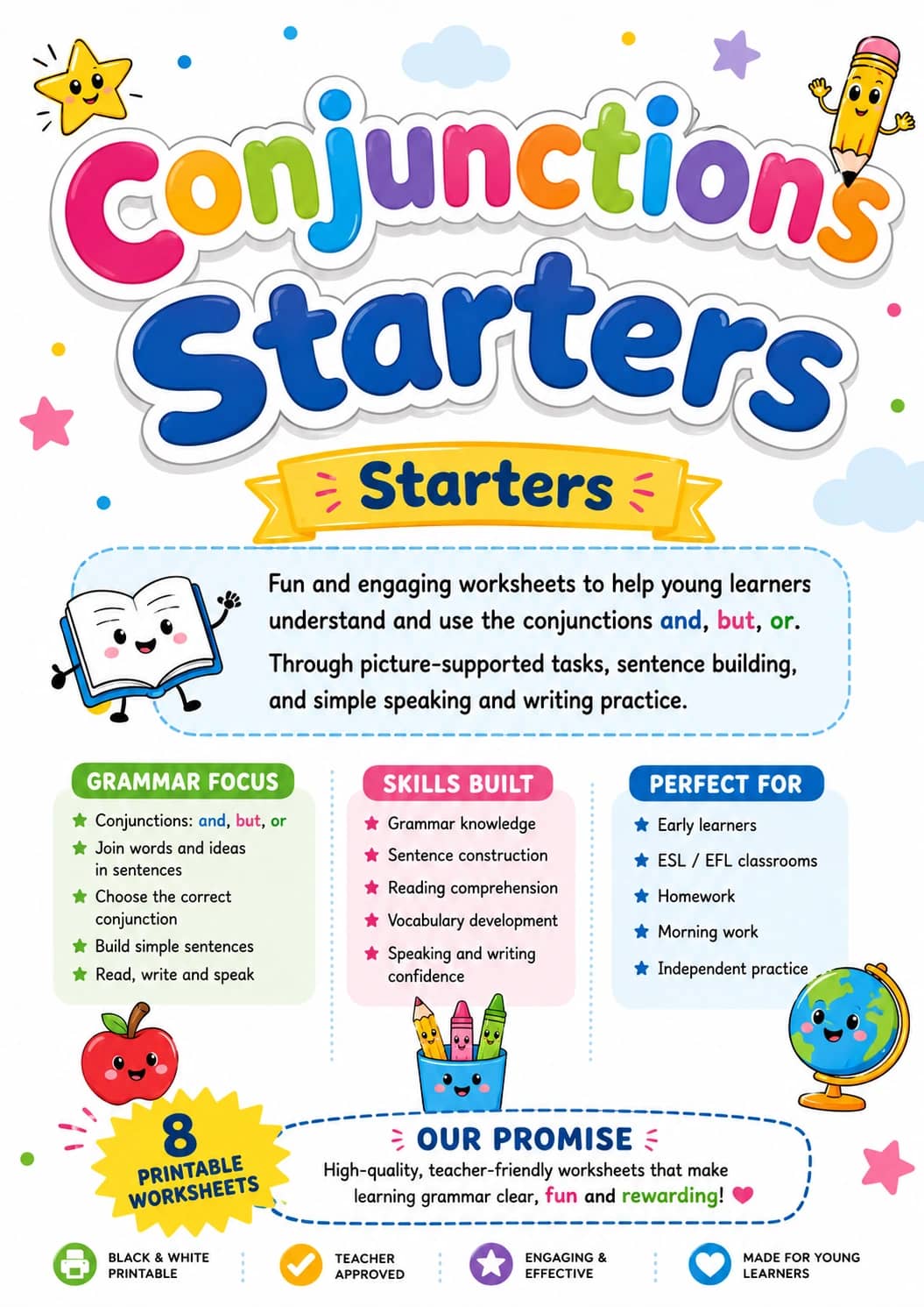 Conjunctions Starters Grammar Worksheet Pack printable Starters English grammar worksheet pack preview from KiwiBee