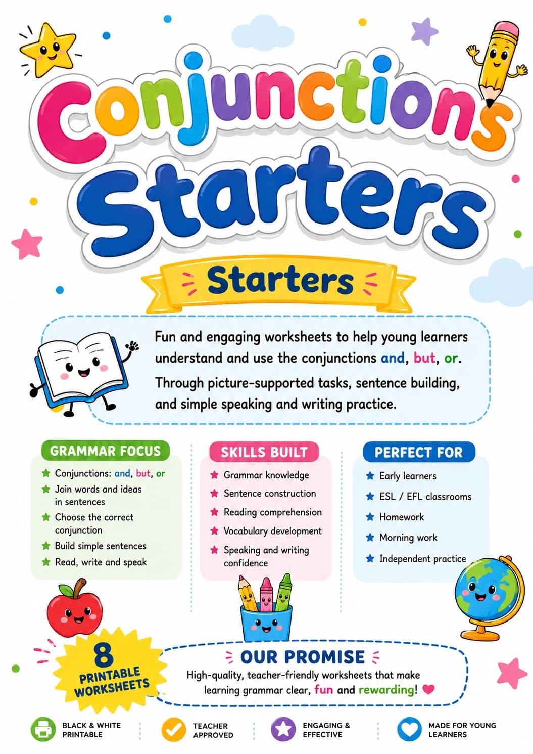 Conjunctions Starters Grammar Worksheet Pack printable Starters English grammar worksheet pack preview from KiwiBee