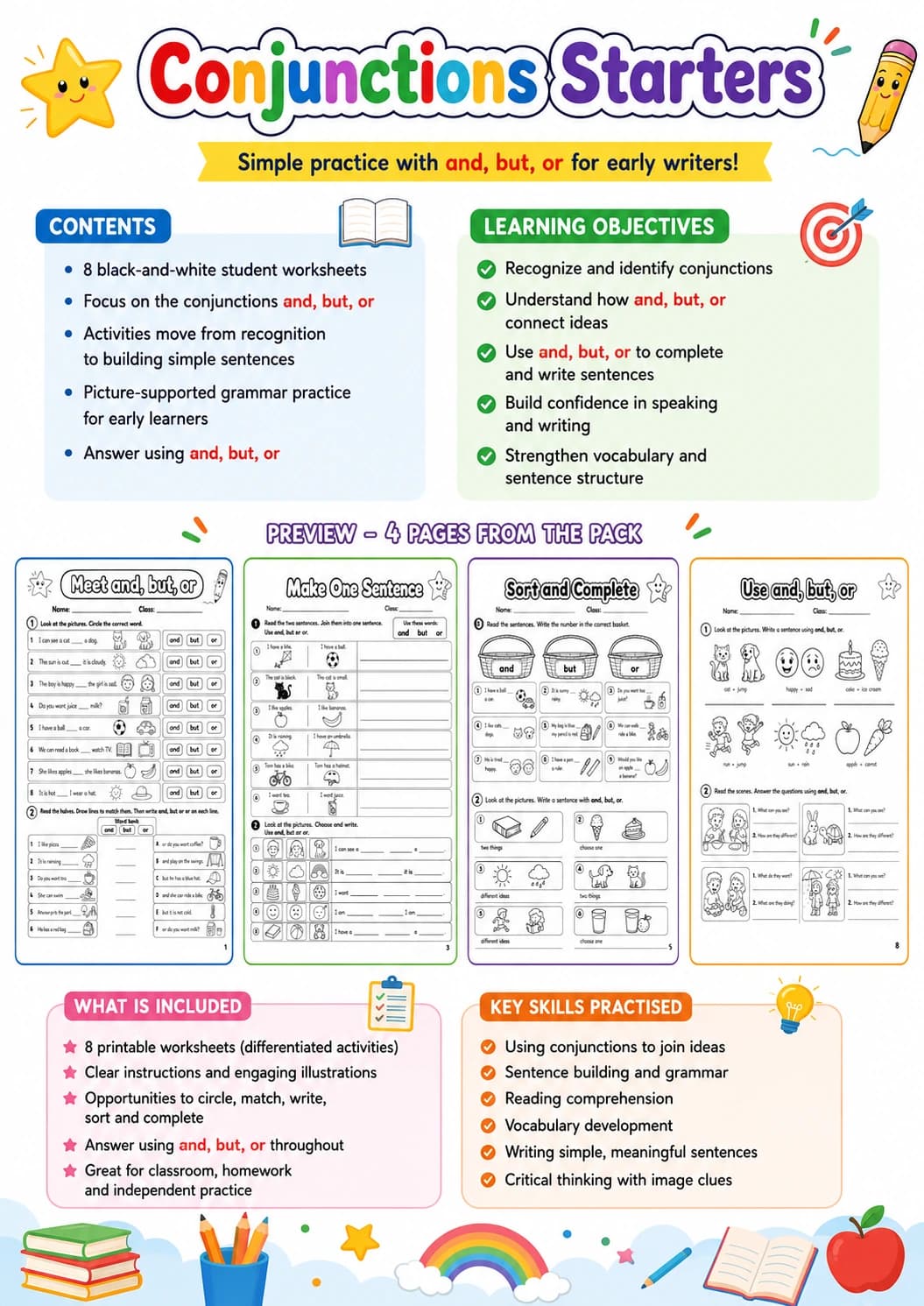 Conjunctions Starters Grammar Worksheet Pack page 2 printable worksheet preview