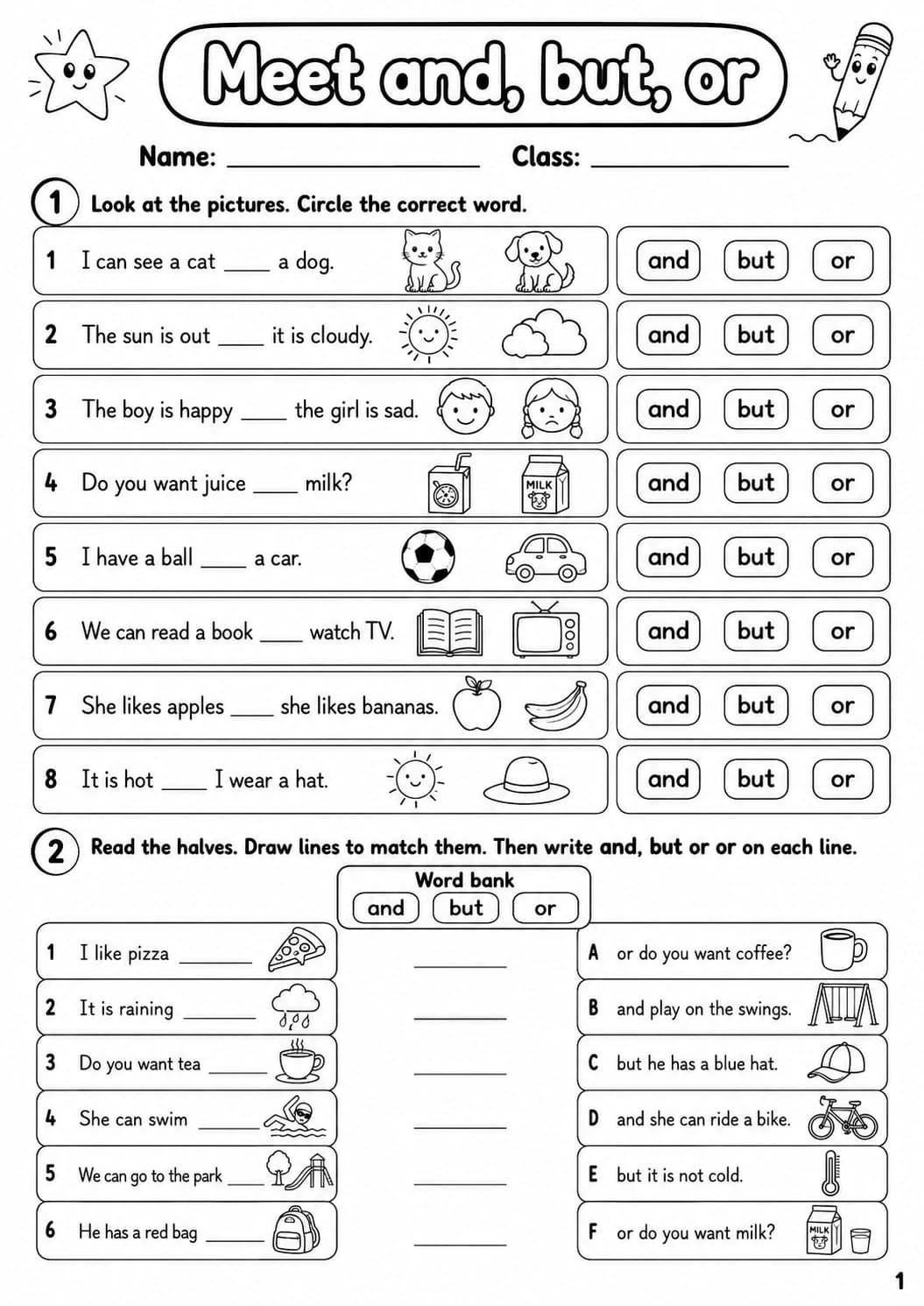 Conjunctions Starters Grammar Worksheet Pack page 3 printable worksheet preview