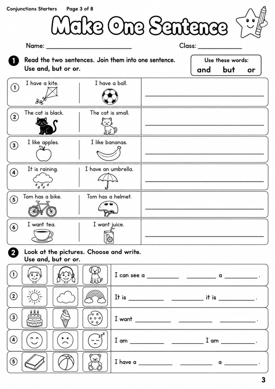 Conjunctions Starters Grammar Worksheet Pack page 5 printable worksheet preview