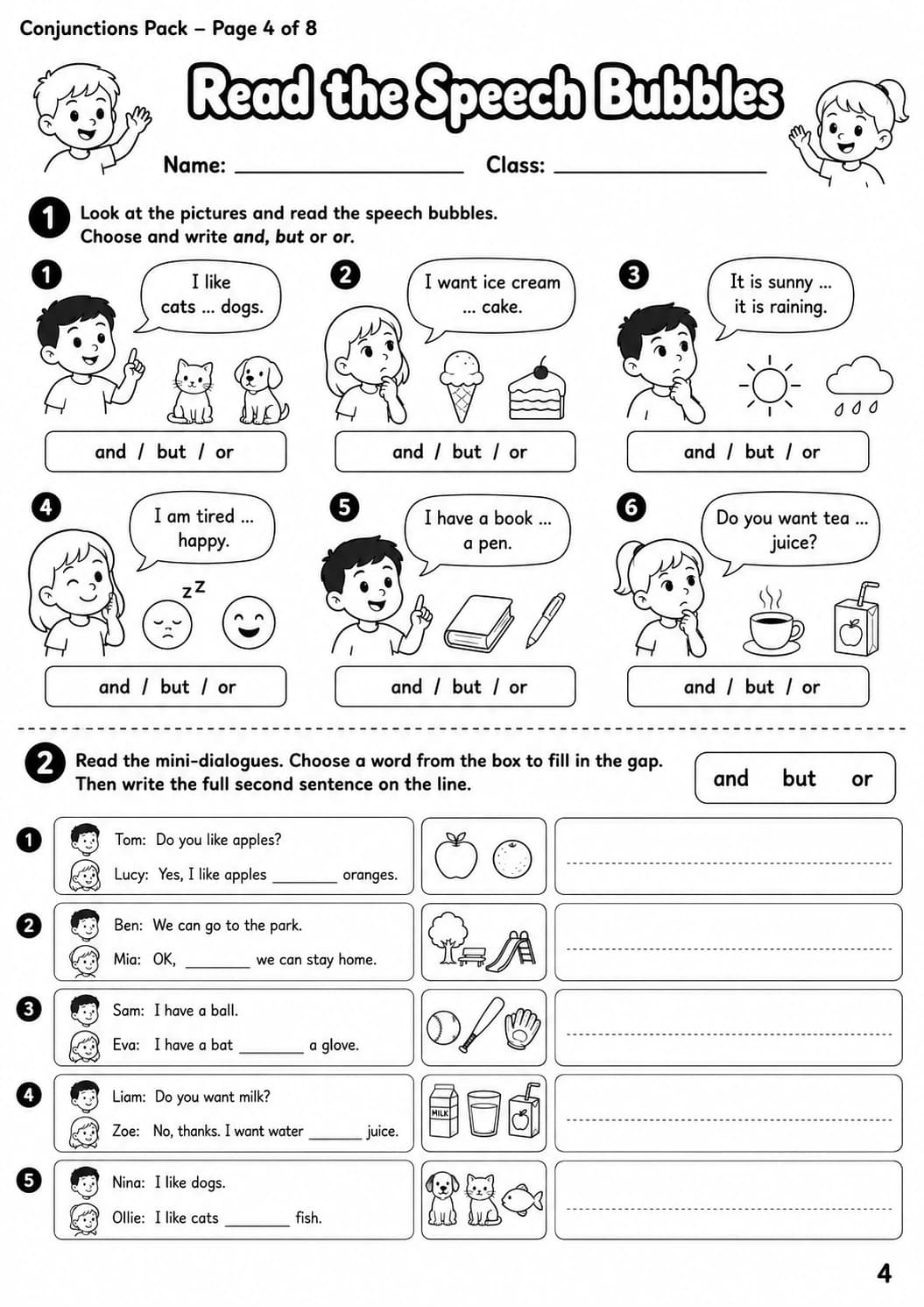 Conjunctions Starters Grammar Worksheet Pack page 6 printable worksheet preview