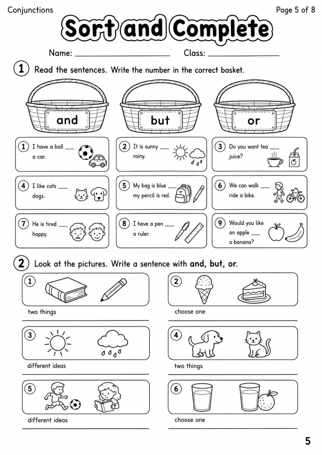 Conjunctions Starters Grammar Worksheet Pack page 7 printable worksheet preview