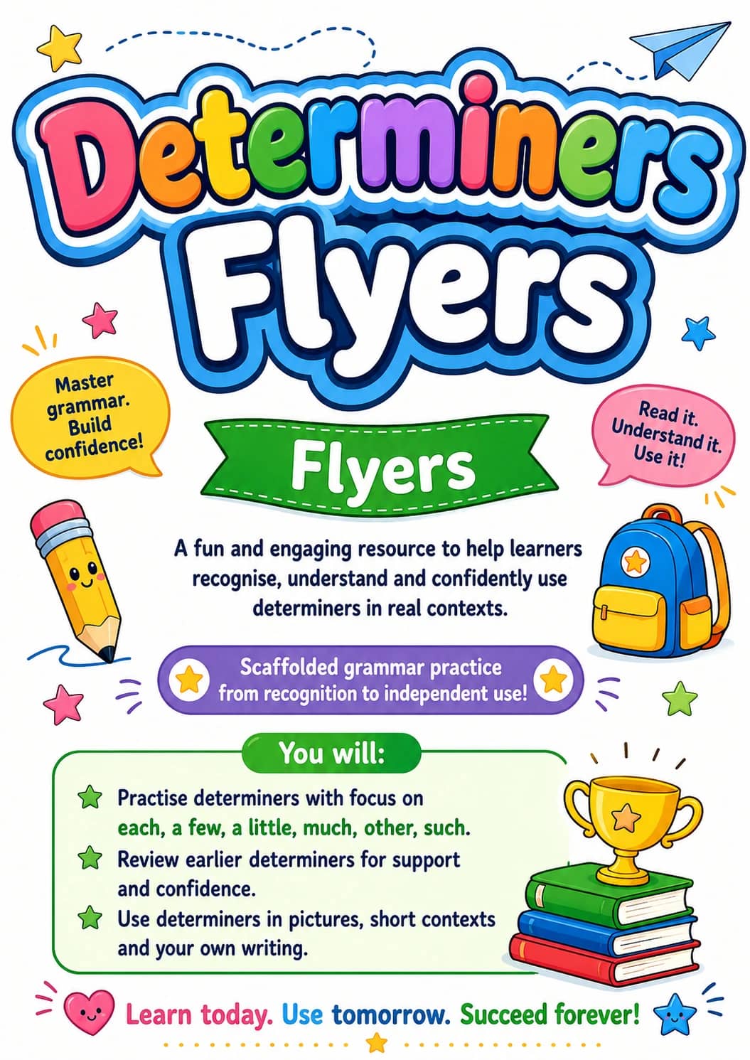 Determiners Flyers Grammar Worksheet Pack printable Flyers English grammar worksheet pack preview from KiwiBee