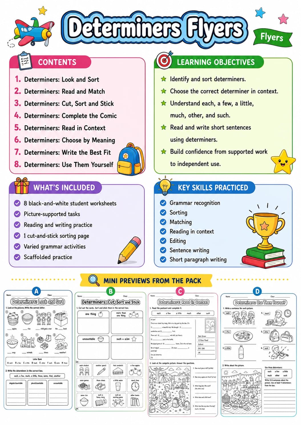 Determiners Flyers Grammar Worksheet Pack page 2 printable worksheet preview