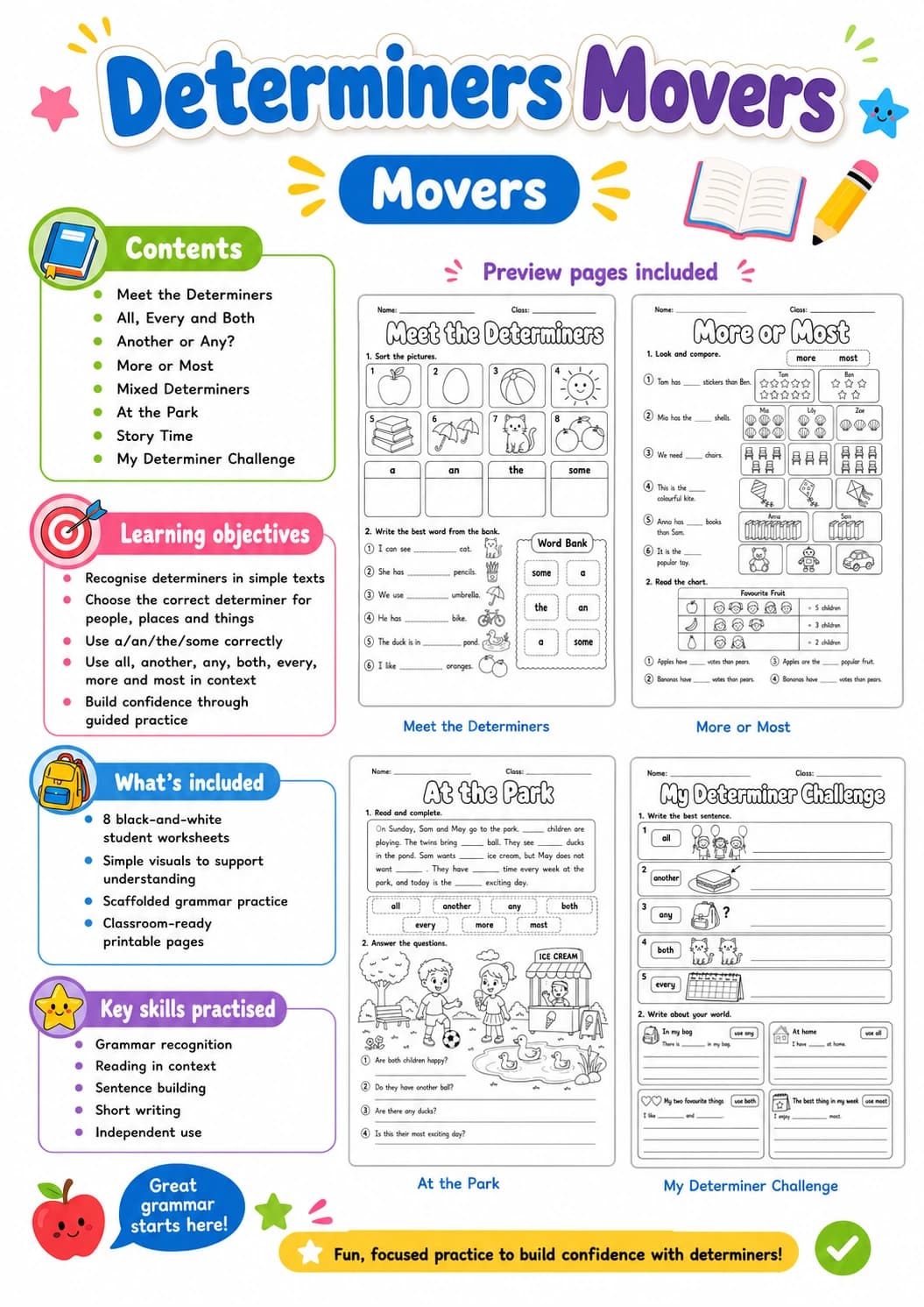 Determiners Movers Grammar Worksheet Pack page 3 printable worksheet preview