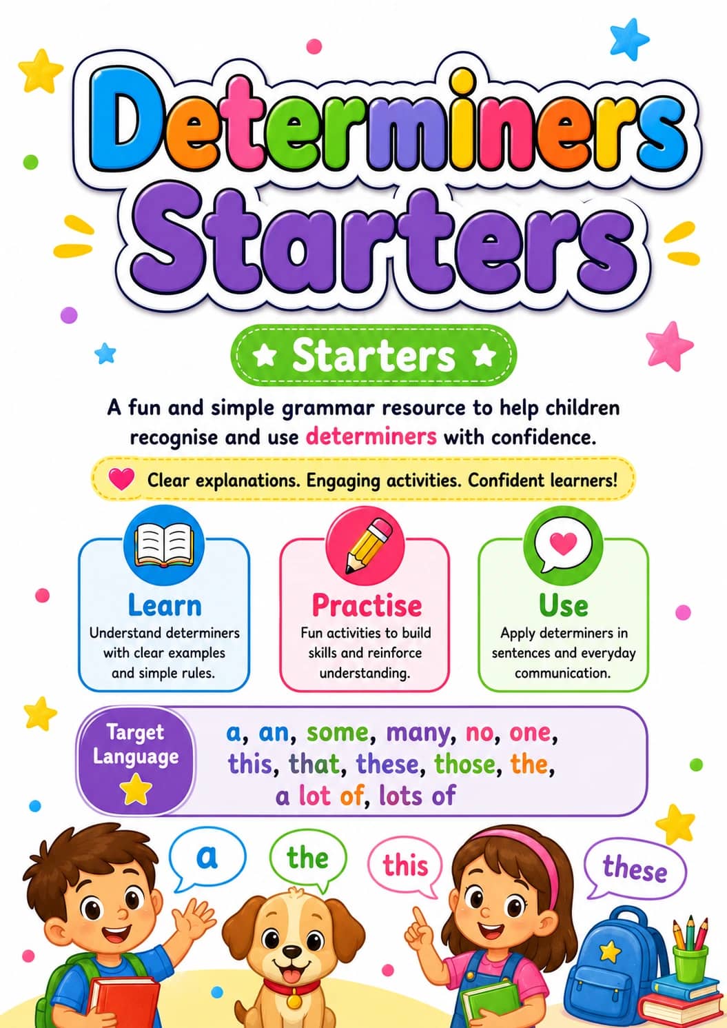 Determiners Starters Grammar Worksheet Pack printable Starters English grammar worksheet pack preview from KiwiBee