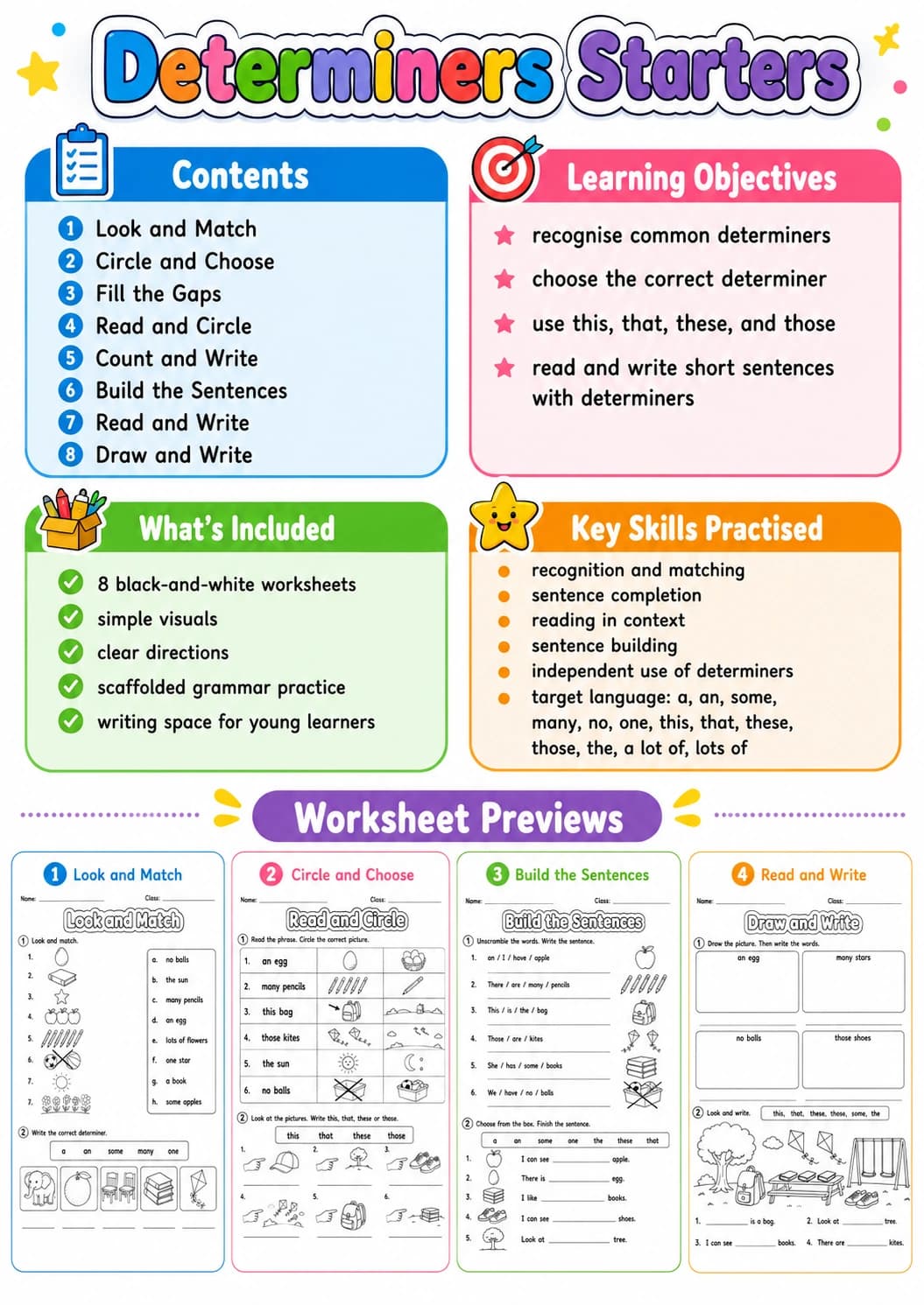 Determiners Starters Grammar Worksheet Pack page 2 printable worksheet preview