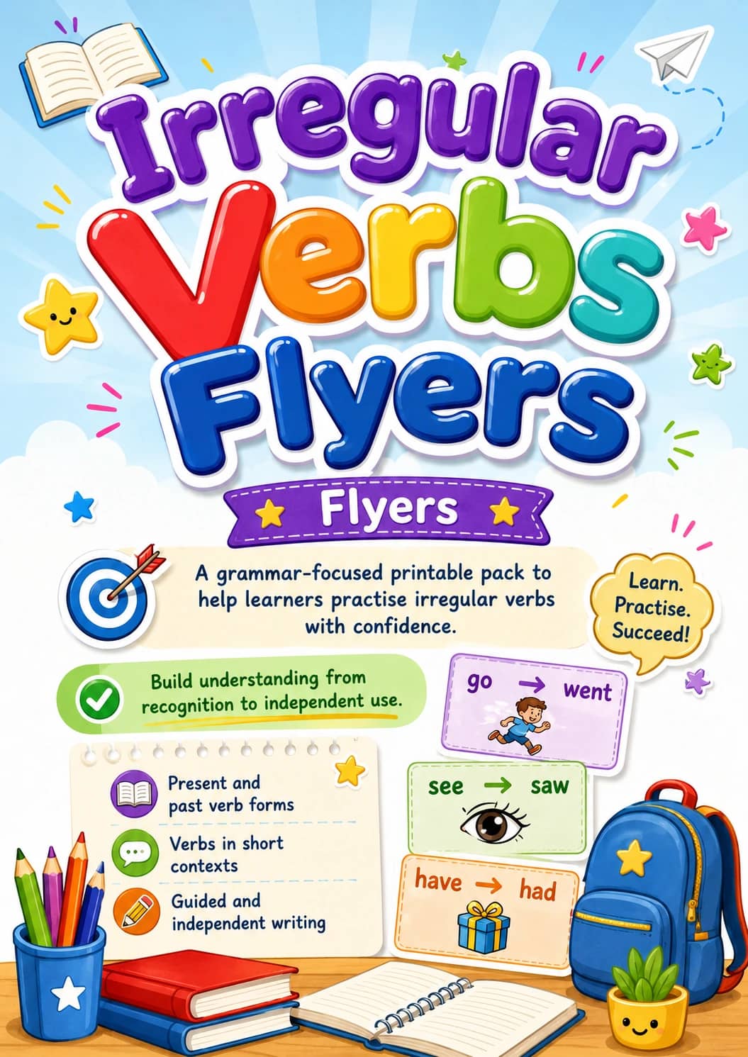 Irregular Verbs Flyers Grammar Worksheet Pack printable Flyers English grammar worksheet pack preview from KiwiBee
