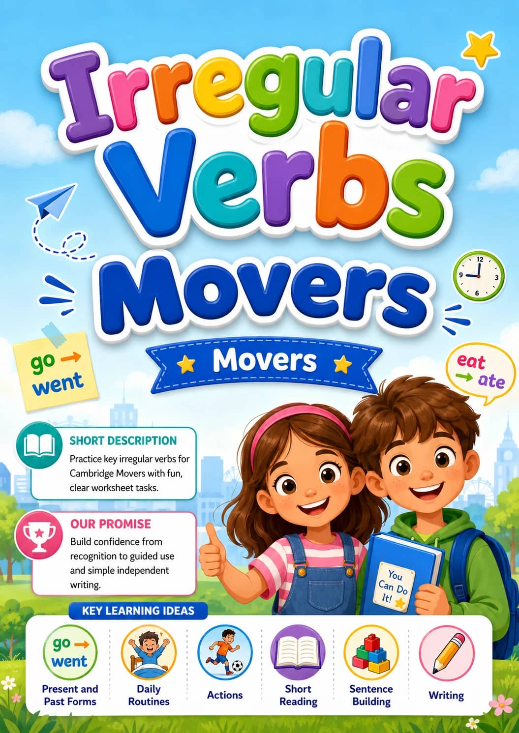 Irregular Verbs Movers Grammar Worksheet Pack printable Movers English grammar worksheet pack preview from KiwiBee