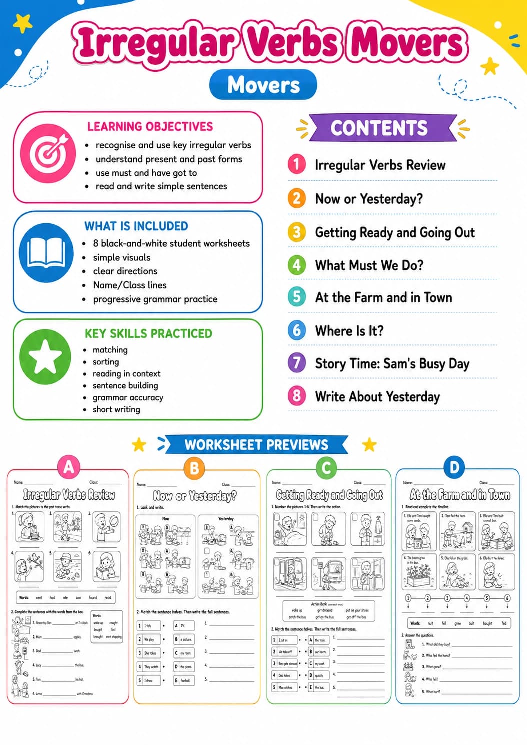 Irregular Verbs Movers Grammar Worksheet Pack page 2 printable worksheet preview