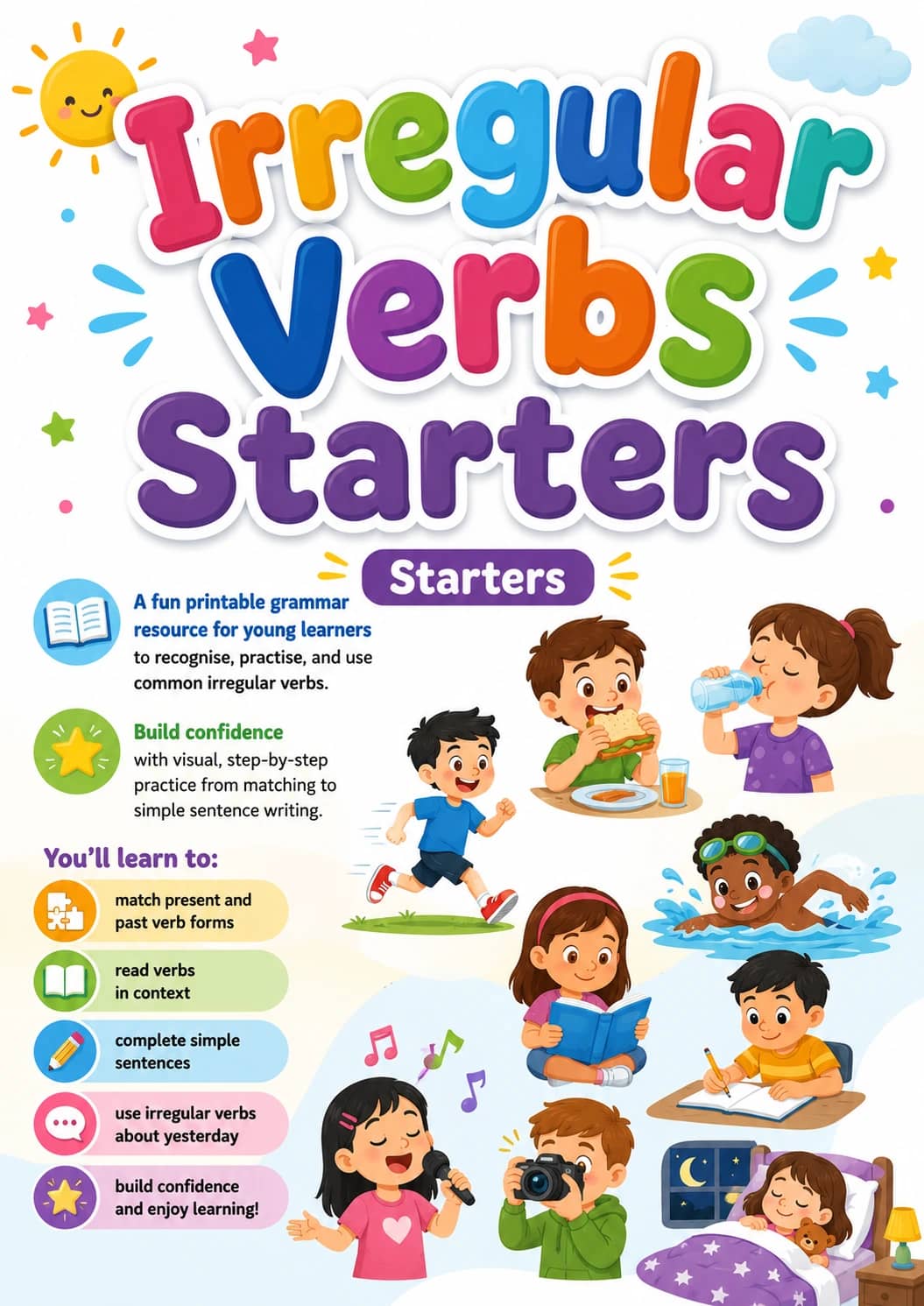 Irregular Verbs Starters Grammar Worksheet Pack printable Starters English grammar worksheet pack preview from KiwiBee