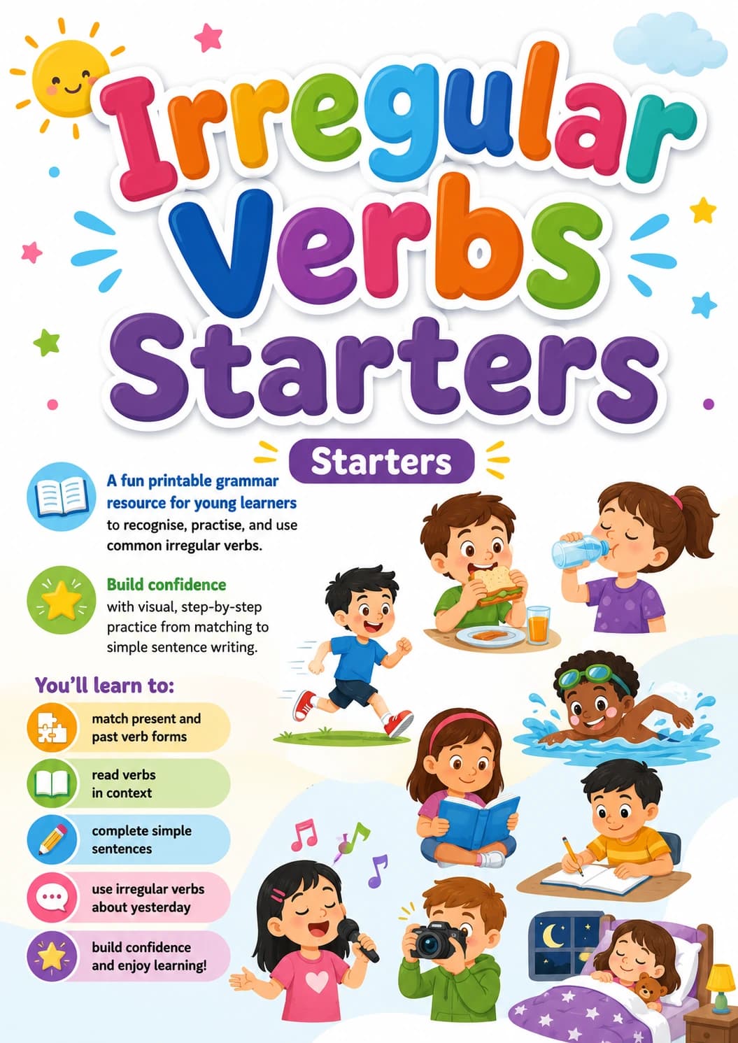 Irregular Verbs Starters Grammar Worksheet Pack printable Starters English grammar worksheet pack preview from KiwiBee
