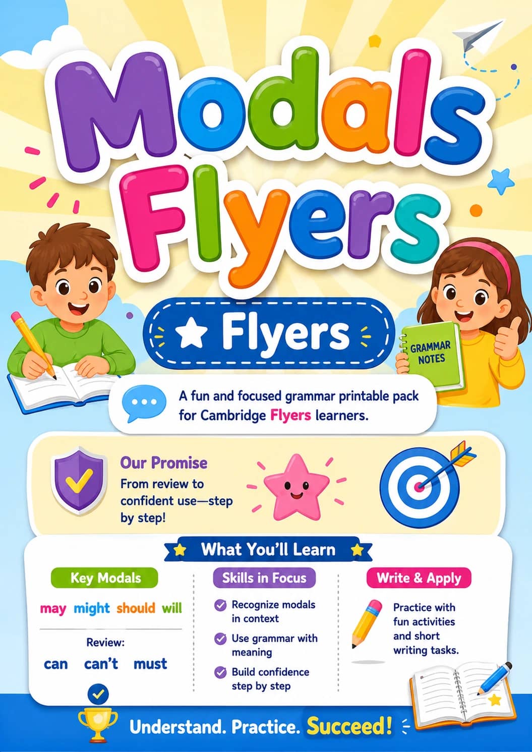 Modals Flyers Grammar Worksheet Pack printable Flyers English grammar worksheet pack preview from KiwiBee