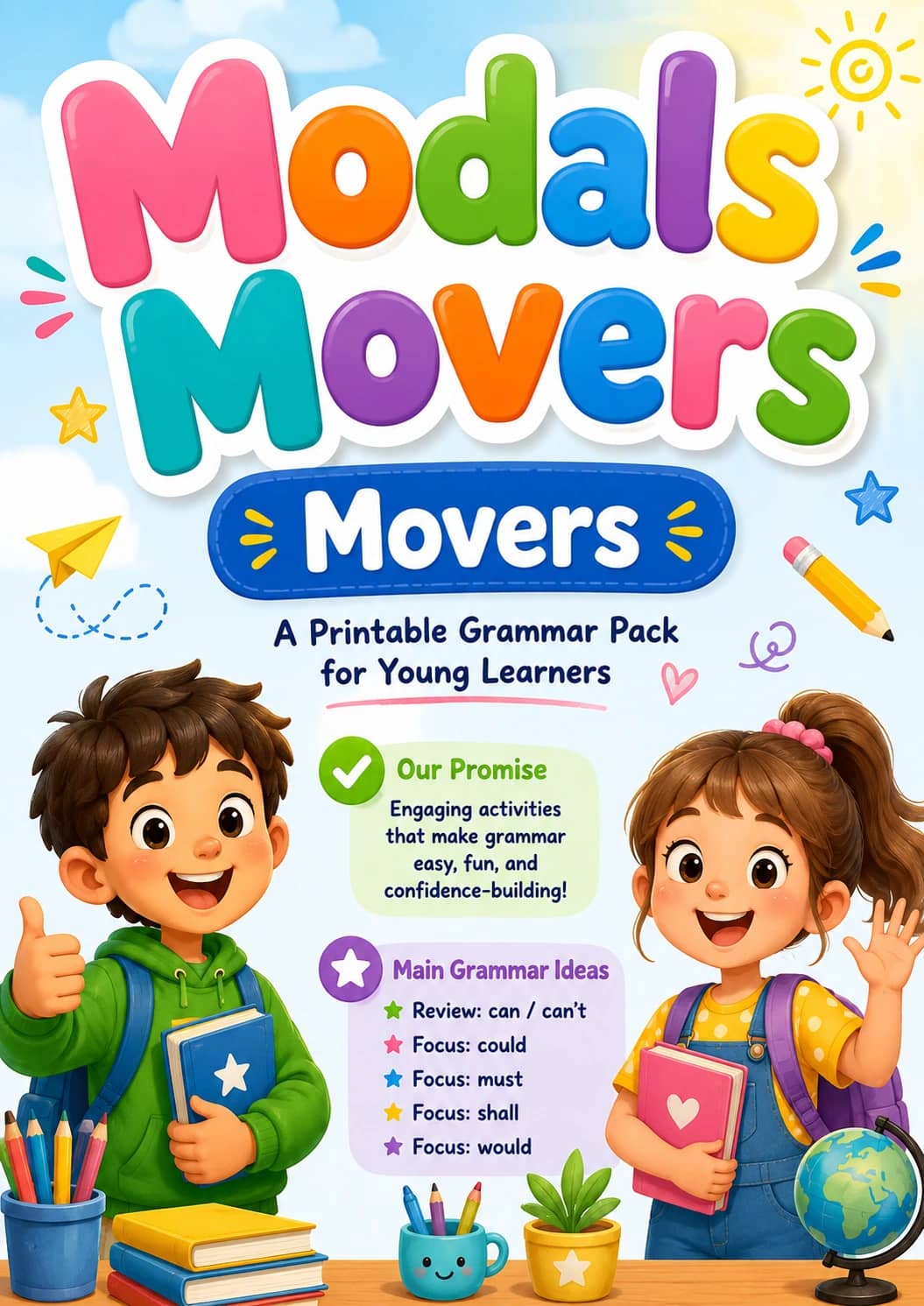 Modals Movers Grammar Worksheet Pack printable Movers English grammar worksheet pack preview from KiwiBee