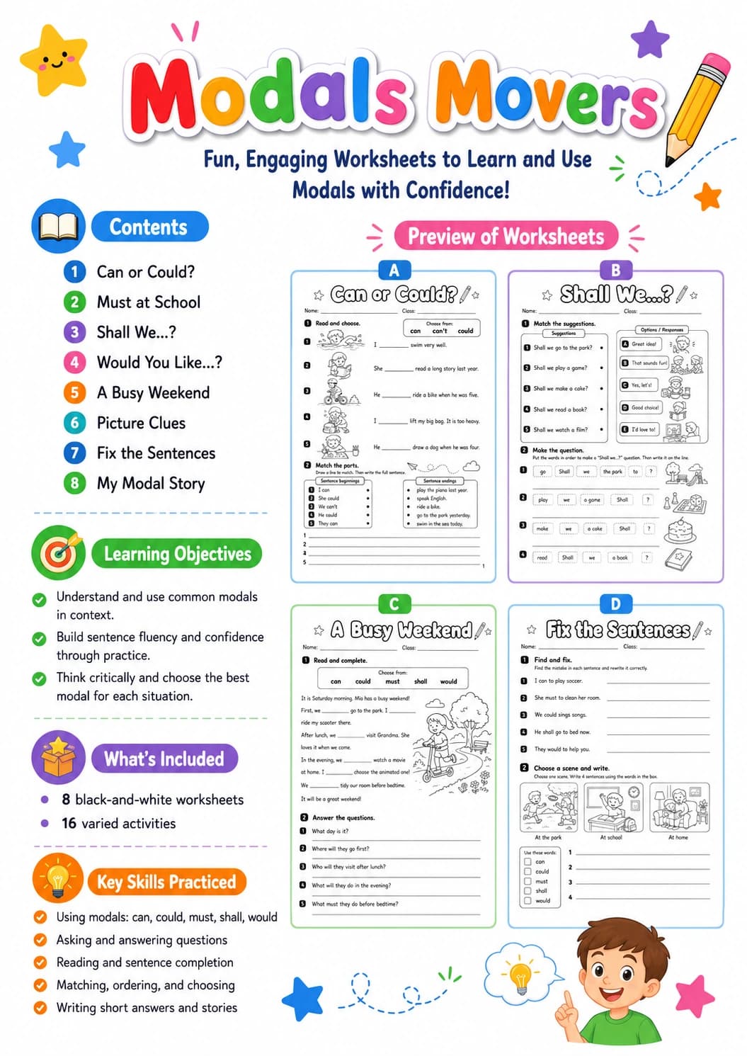 Modals Movers Grammar Worksheet Pack page 2 printable worksheet preview