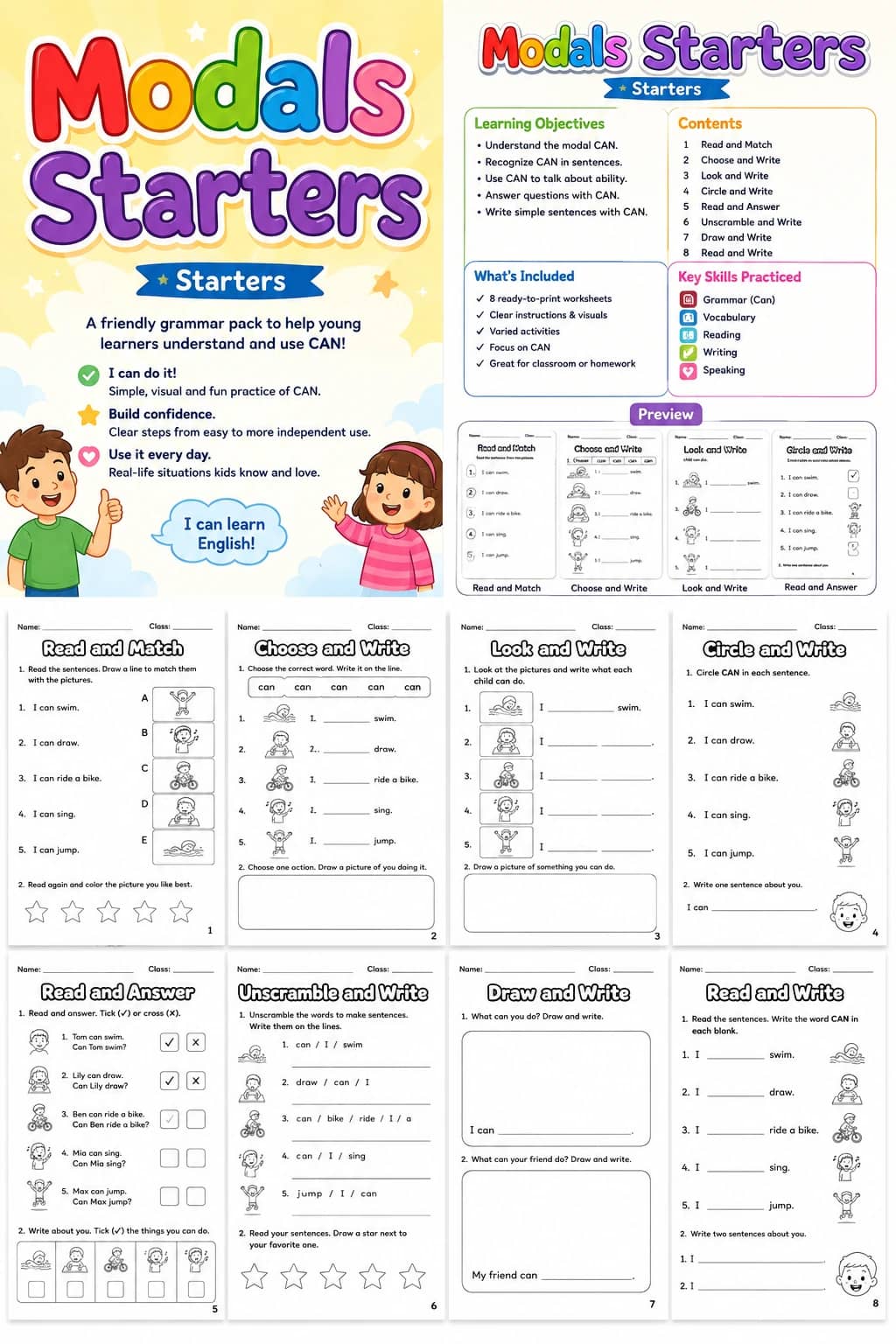 Modals Starters Grammar Worksheet Pack printable Starters English grammar worksheet pack preview from KiwiBee