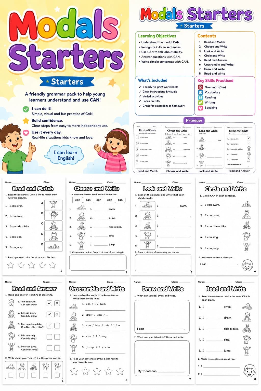 Modals Starters Grammar Worksheet Pack printable Starters English grammar worksheet pack preview from KiwiBee