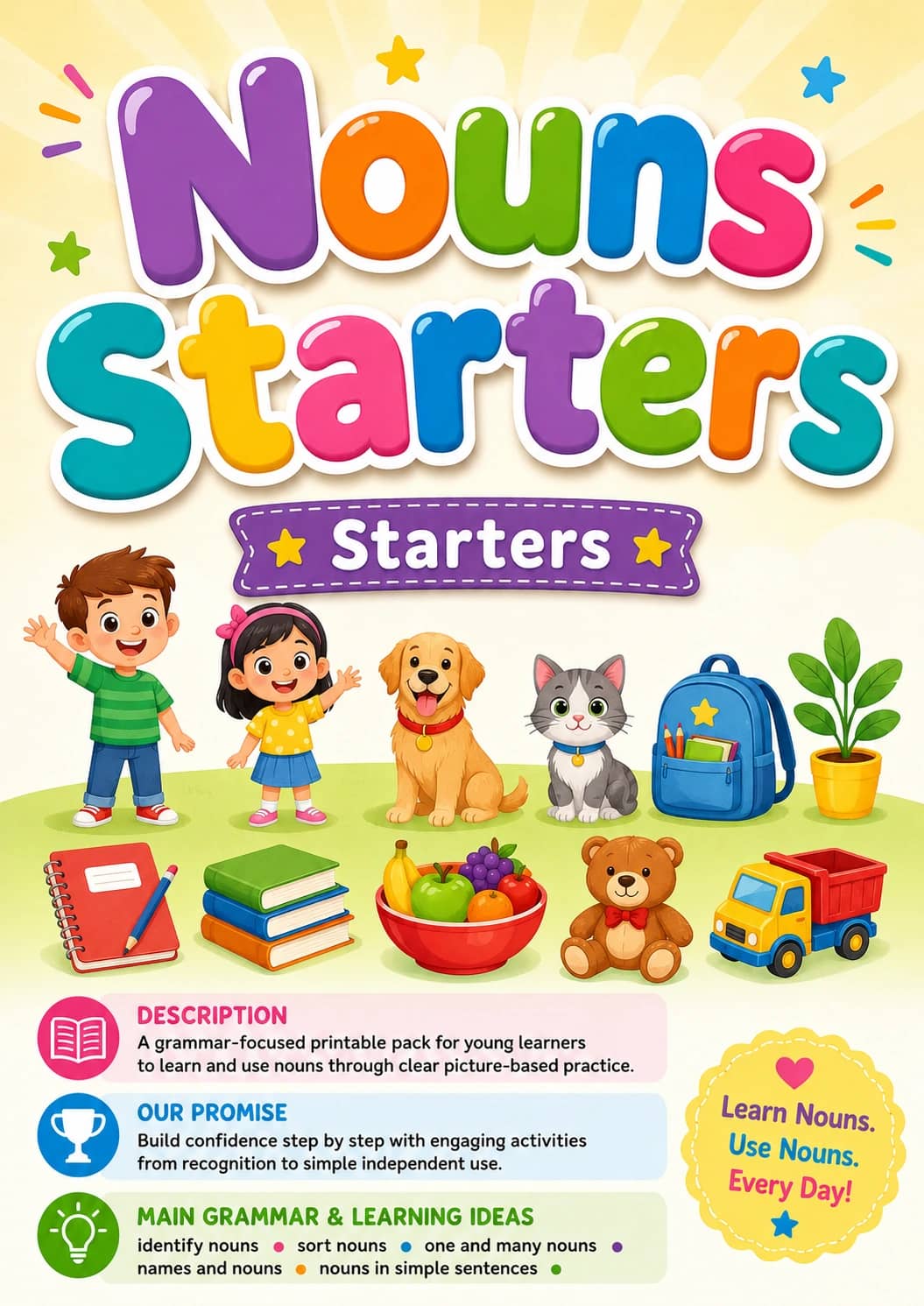 Nouns Starters Grammar Worksheet Pack printable Starters English grammar worksheet pack preview from KiwiBee