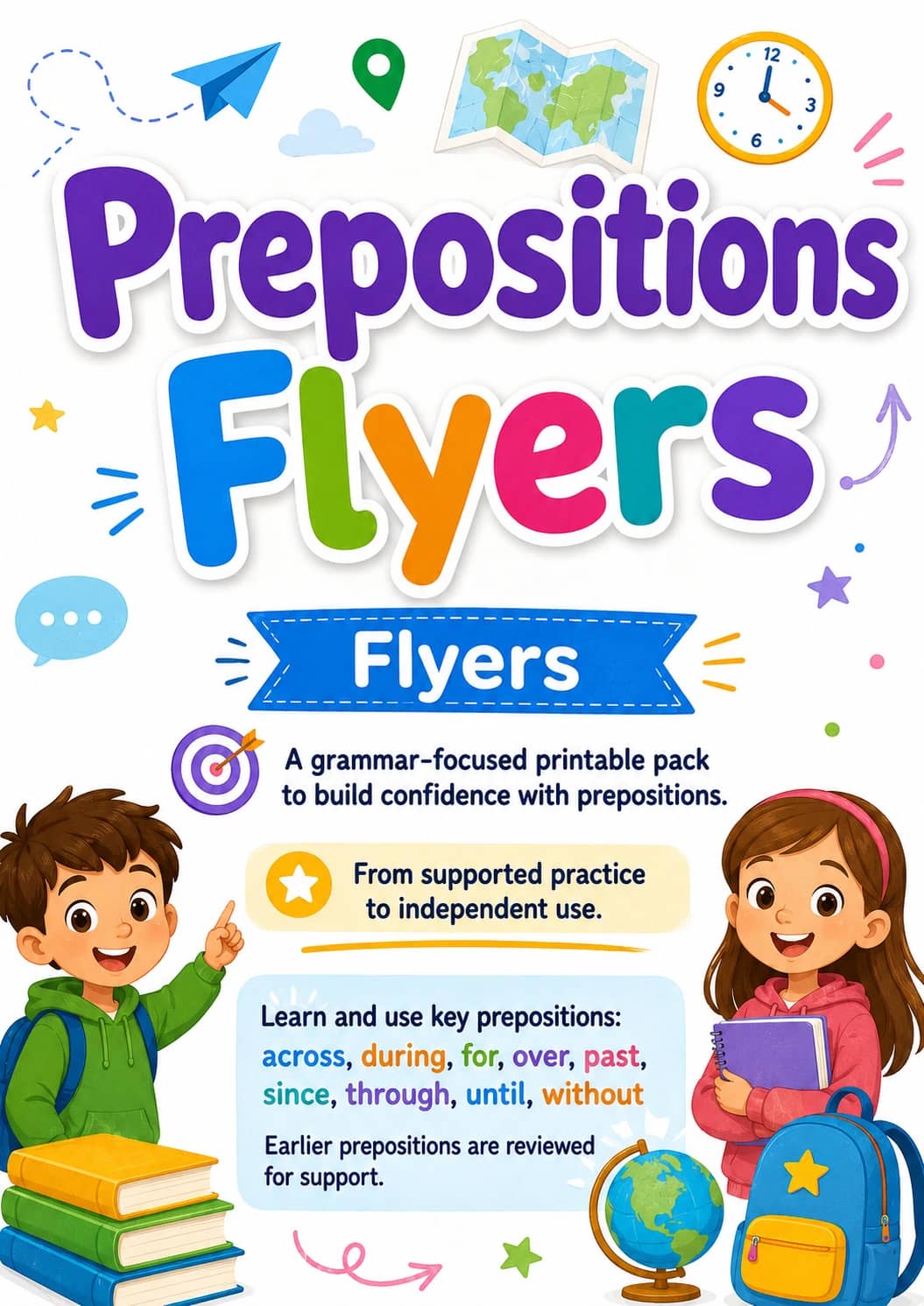Prepositions Flyers Grammar Worksheet Pack printable Flyers English grammar worksheet pack preview from KiwiBee