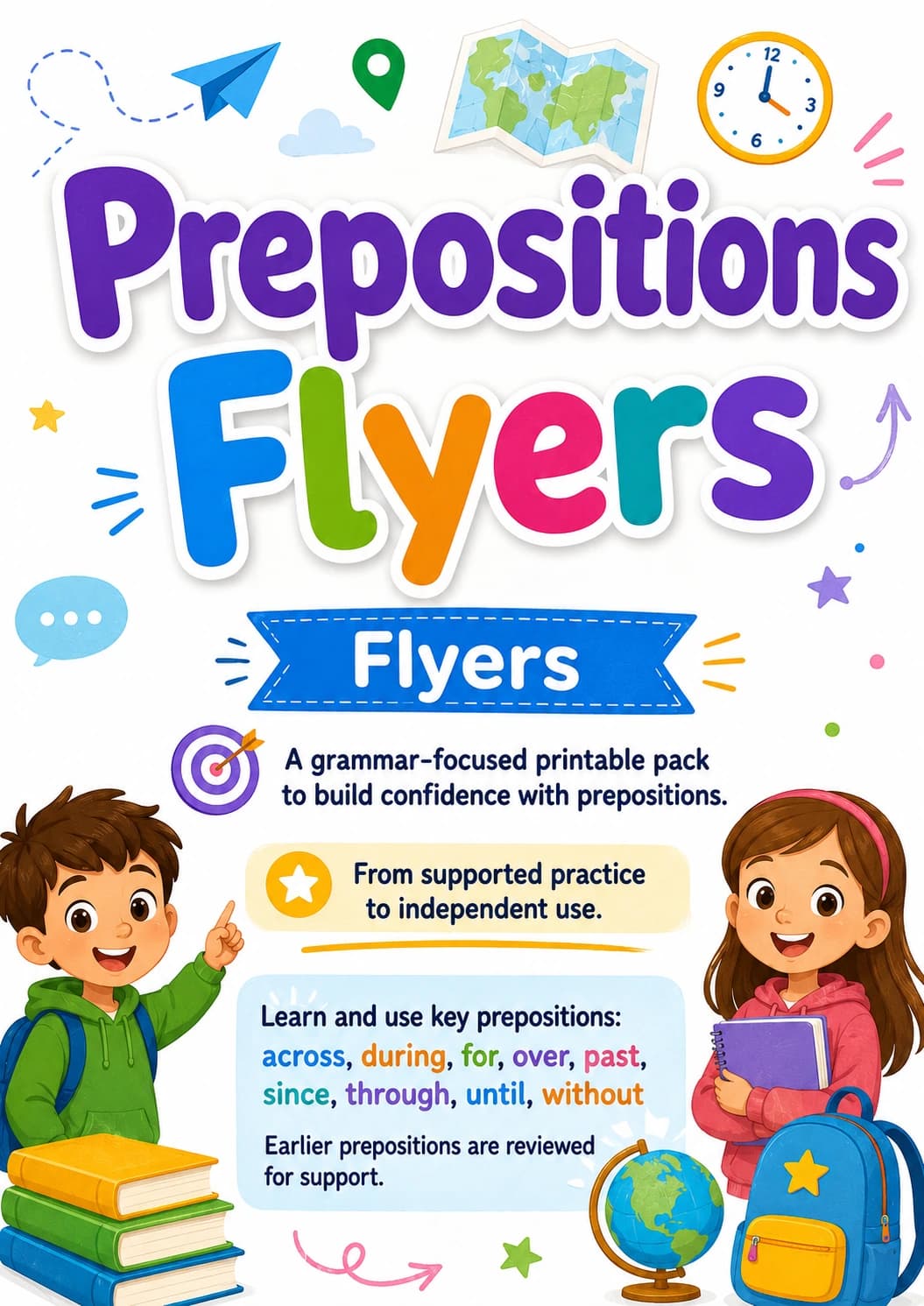 Prepositions Flyers Grammar Worksheet Pack printable Flyers English grammar worksheet pack preview from KiwiBee
