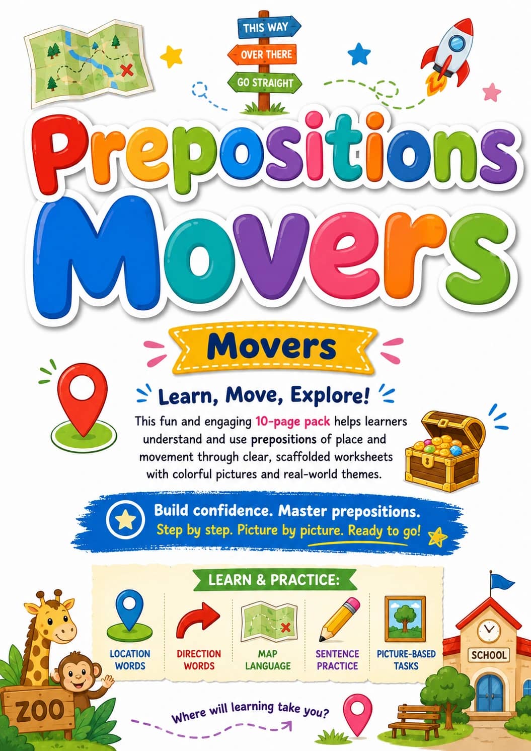 Prepositions Movers Grammar Worksheet Pack printable Movers English grammar worksheet pack preview from KiwiBee
