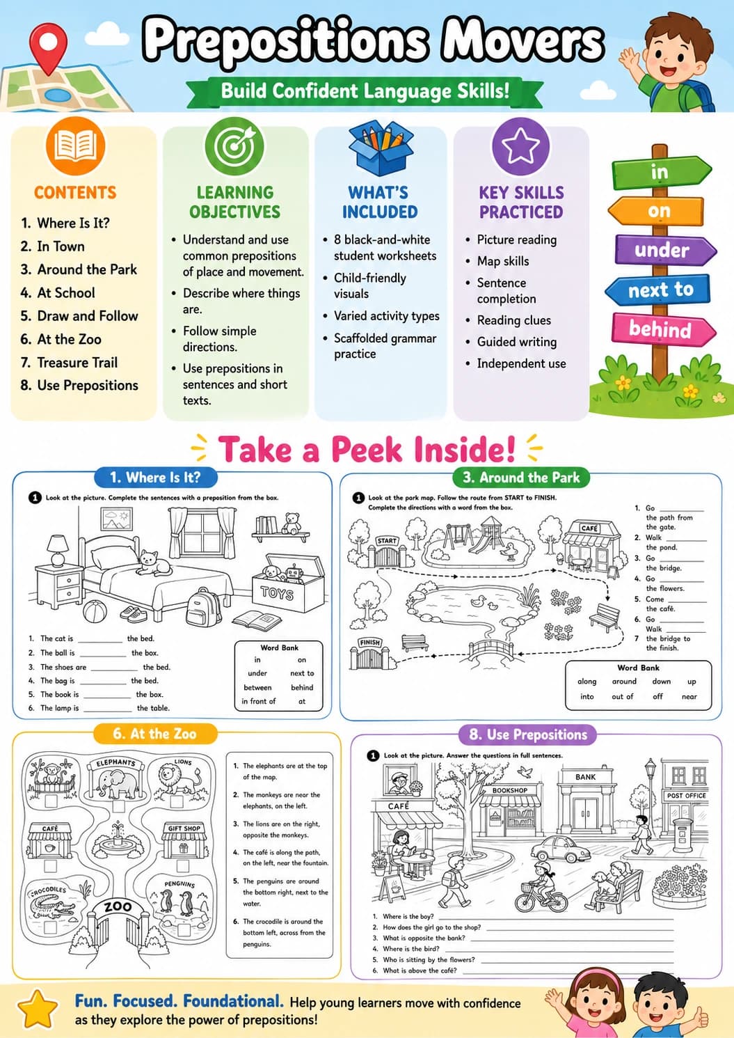 Prepositions Movers Grammar Worksheet Pack page 2 printable worksheet preview
