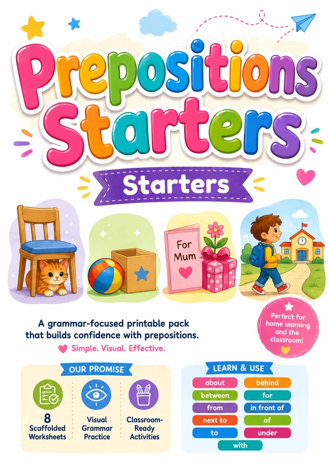 Prepositions Starters Grammar Worksheet Pack printable Starters English grammar worksheet pack preview from KiwiBee