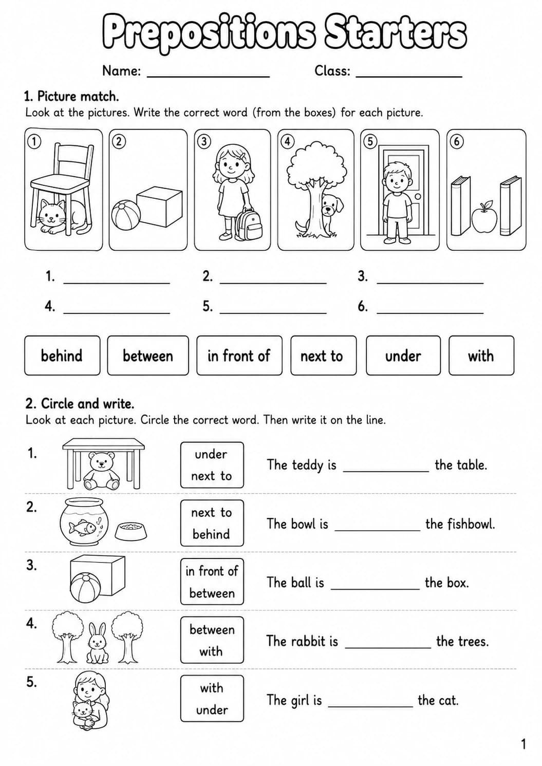 Prepositions Starters Grammar Worksheet Pack page 3 printable worksheet preview