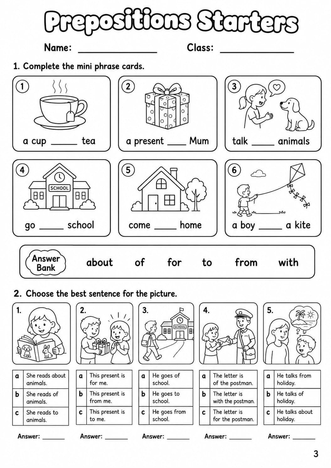 Prepositions Starters Grammar Worksheet Pack page 5 printable worksheet preview