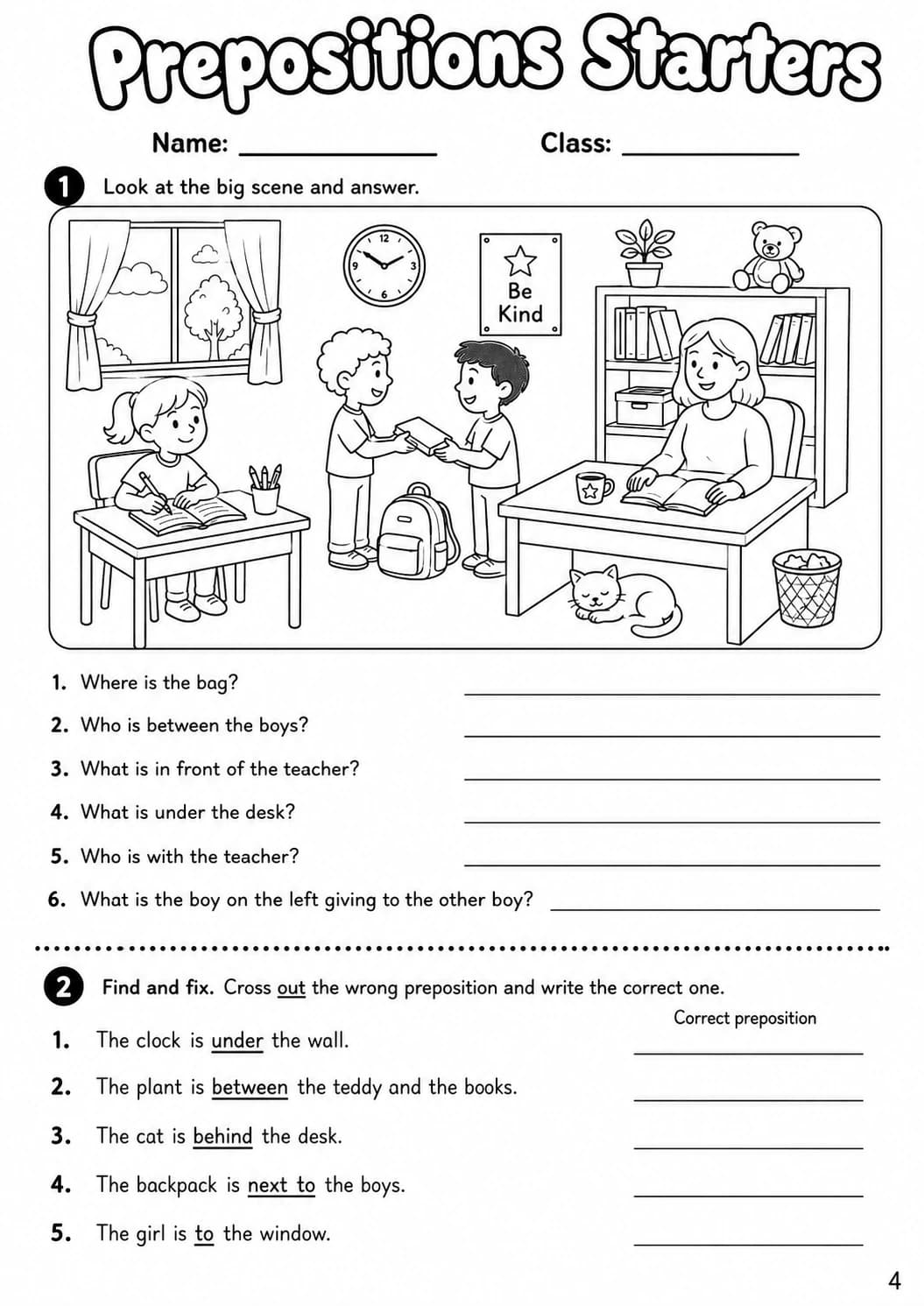 Prepositions Starters Grammar Worksheet Pack page 6 printable worksheet preview