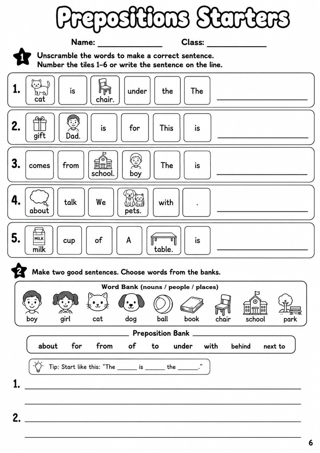 Prepositions Starters Grammar Worksheet Pack page 8 printable worksheet preview