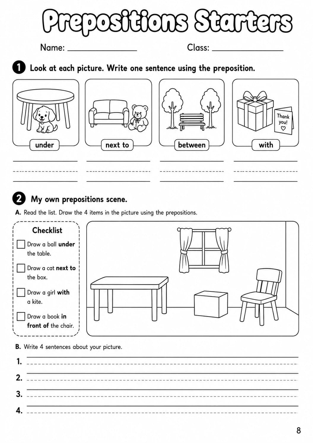 Prepositions Starters Grammar Worksheet Pack page 10 printable worksheet preview